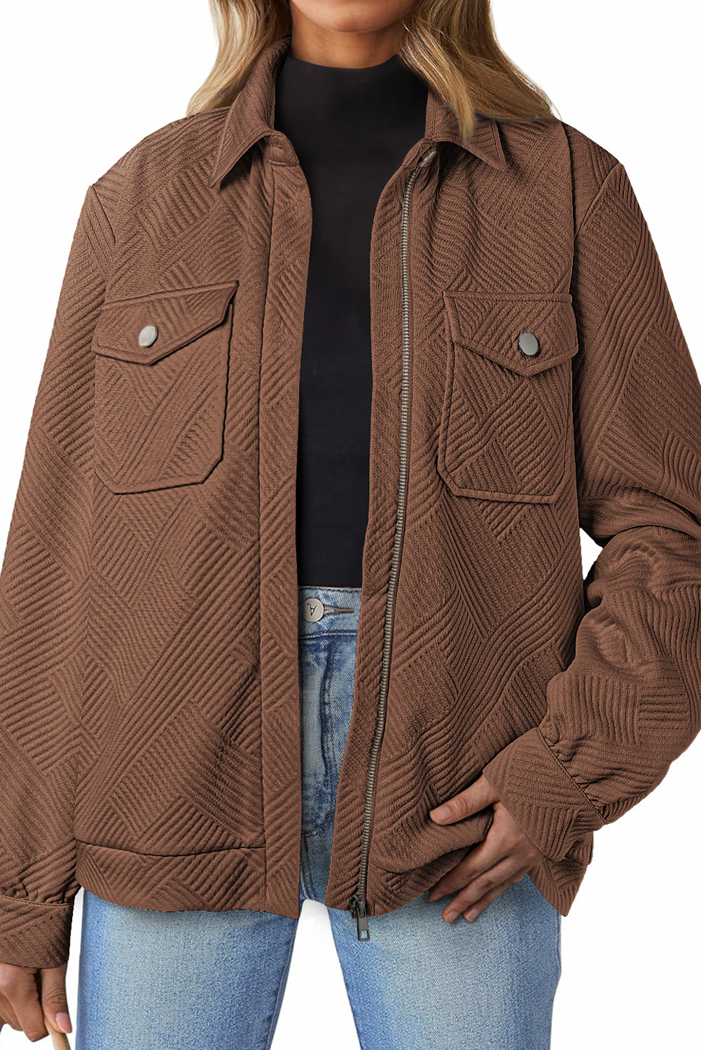 Coffee Solid Color Zip Up Jacket With Button Flap Pocket Shirt Collar Dear-Lover Dropshipping