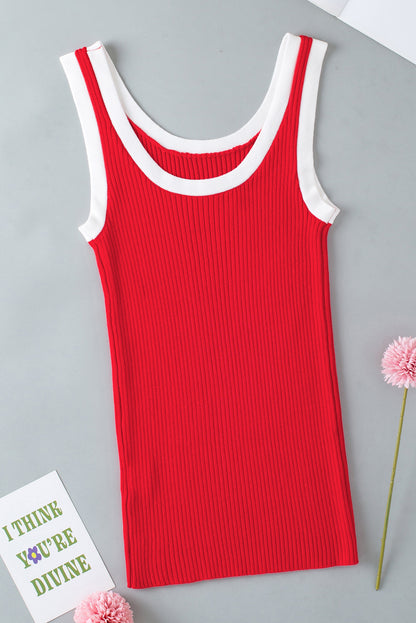 Trendy colorblock ribbed knit U neck tank top in fiery red