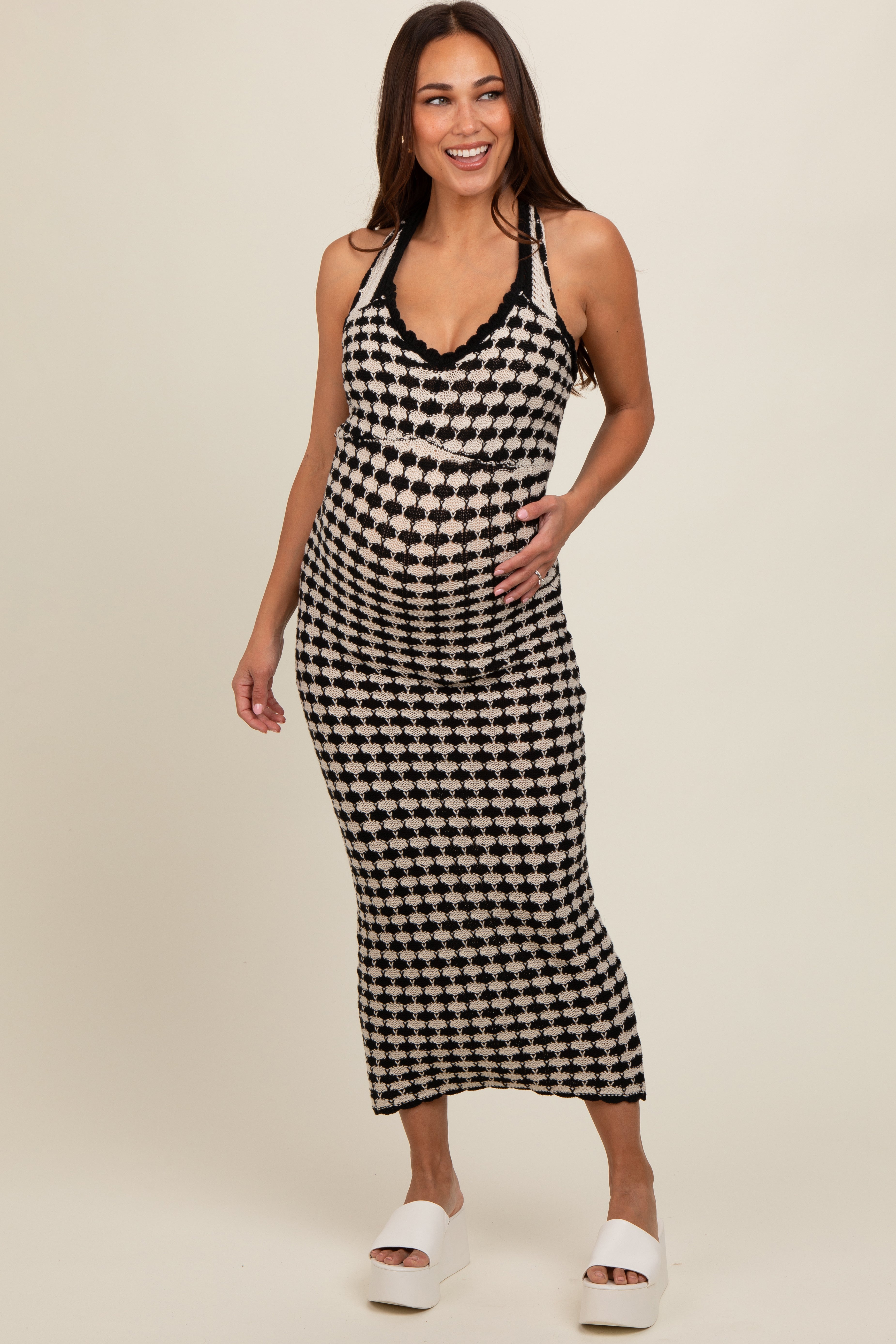 Black Crochet Knit Ruffle Strap Maternity Midi Dress PinkBlush