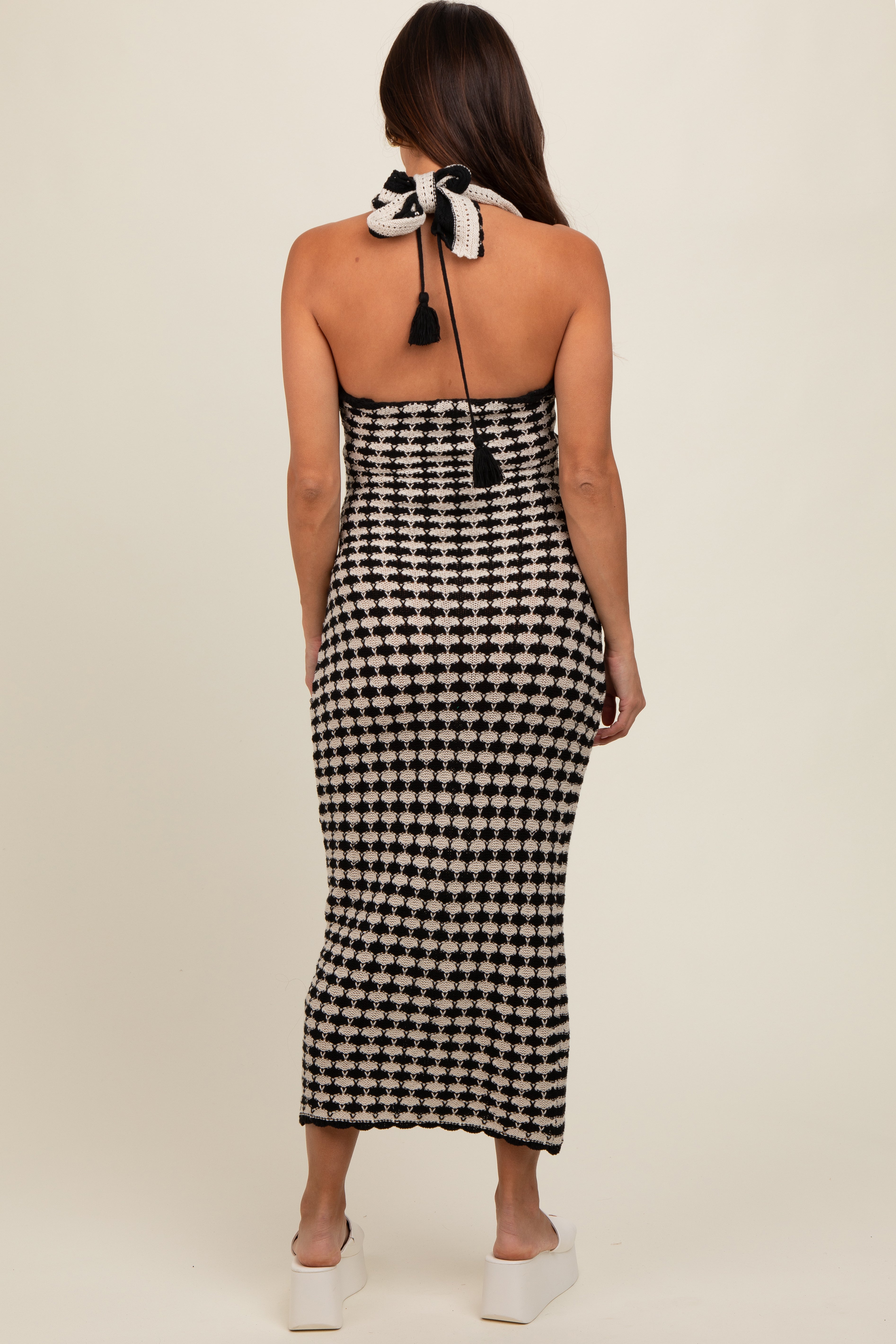 Black Crochet Knit Ruffle Strap Maternity Midi Dress PinkBlush
