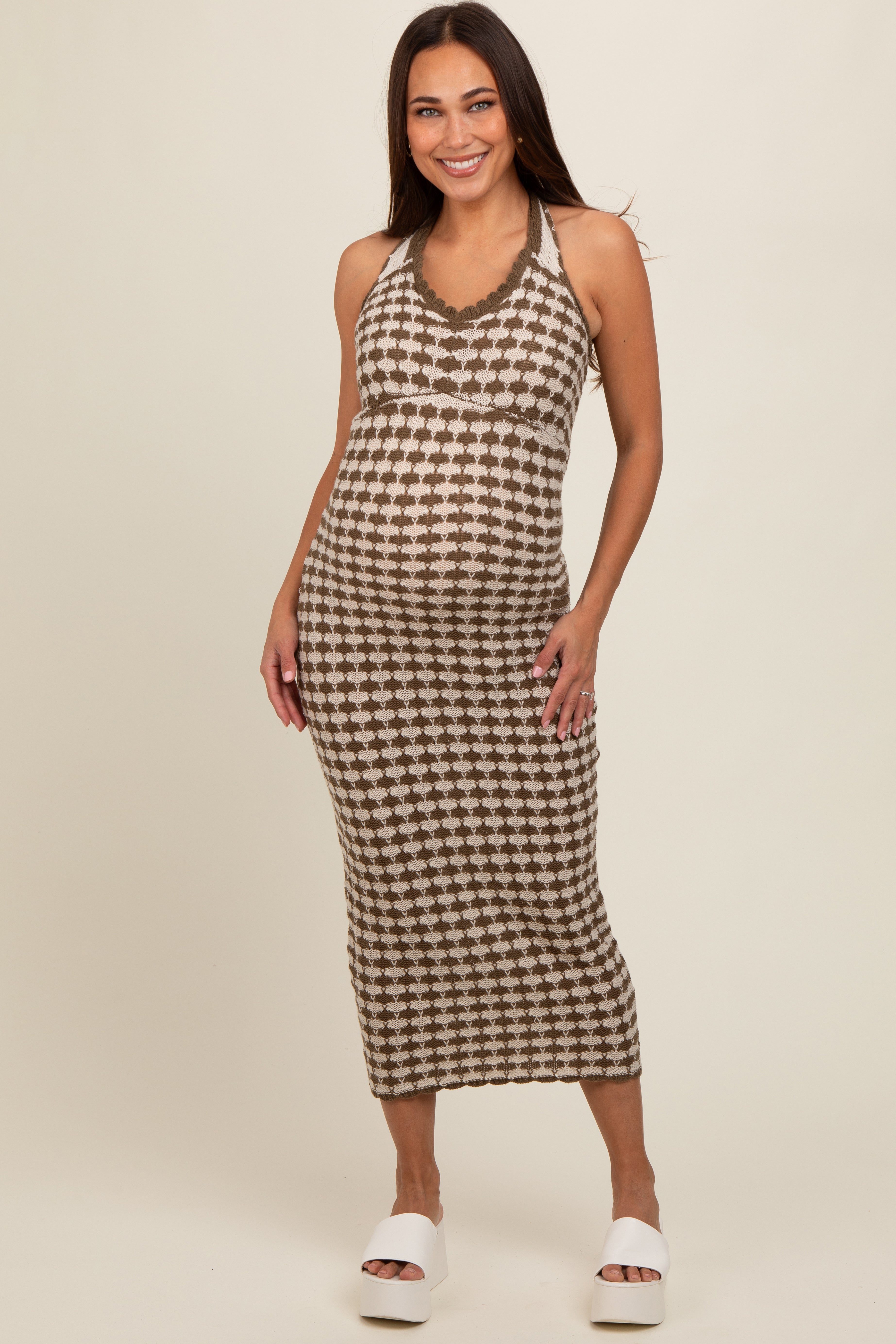 Olive Crochet Knit Ruffle Strap Maternity Midi Dress PinkBlush