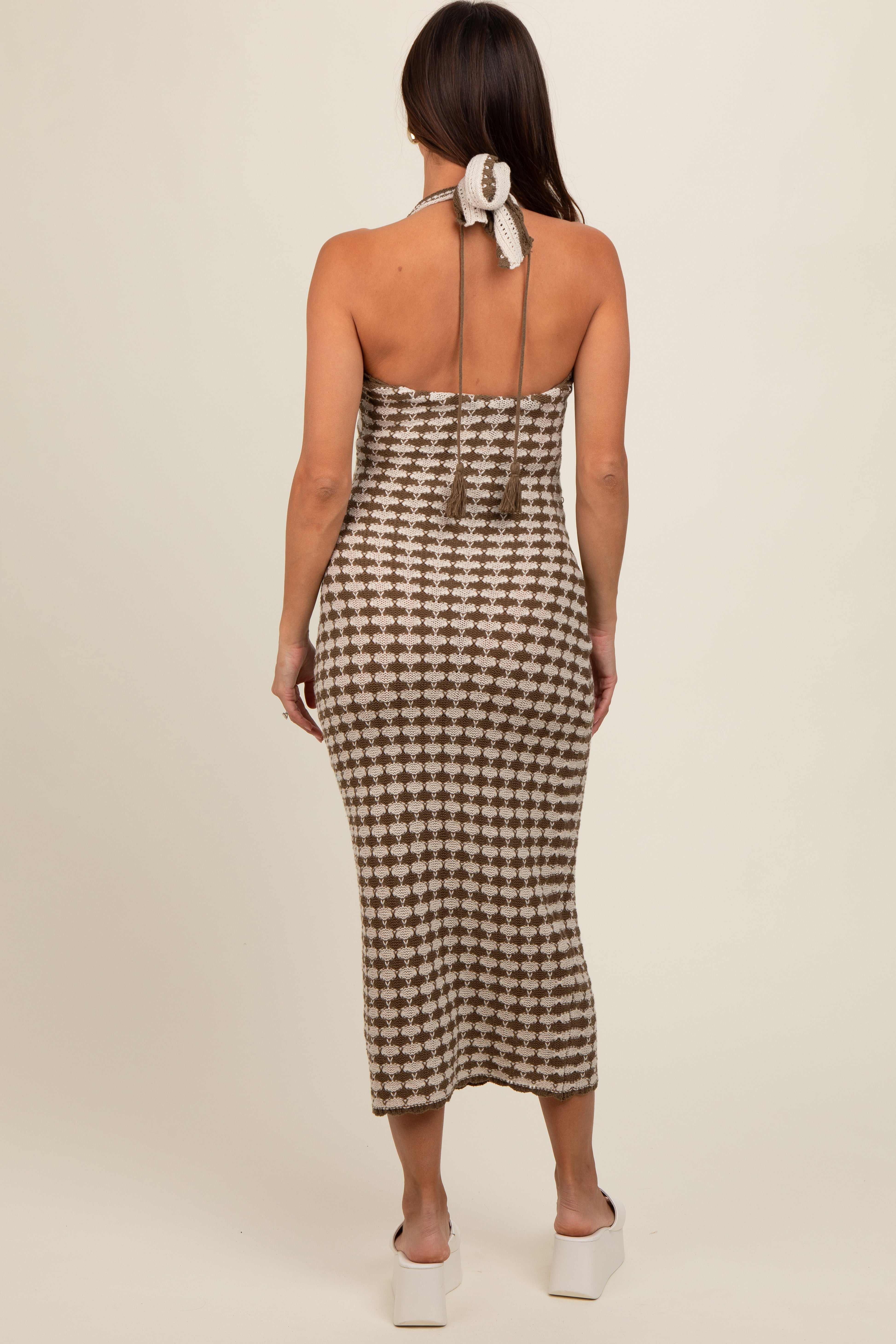 Olive Crochet Knit Ruffle Strap Maternity Midi Dress PinkBlush