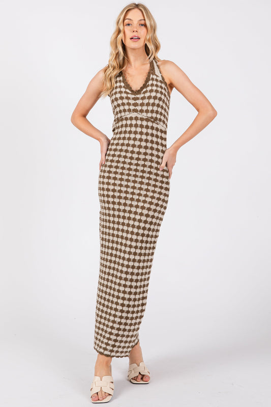 Olive Crochet Knit Ruffle Strap Midi Dress PinkBlush