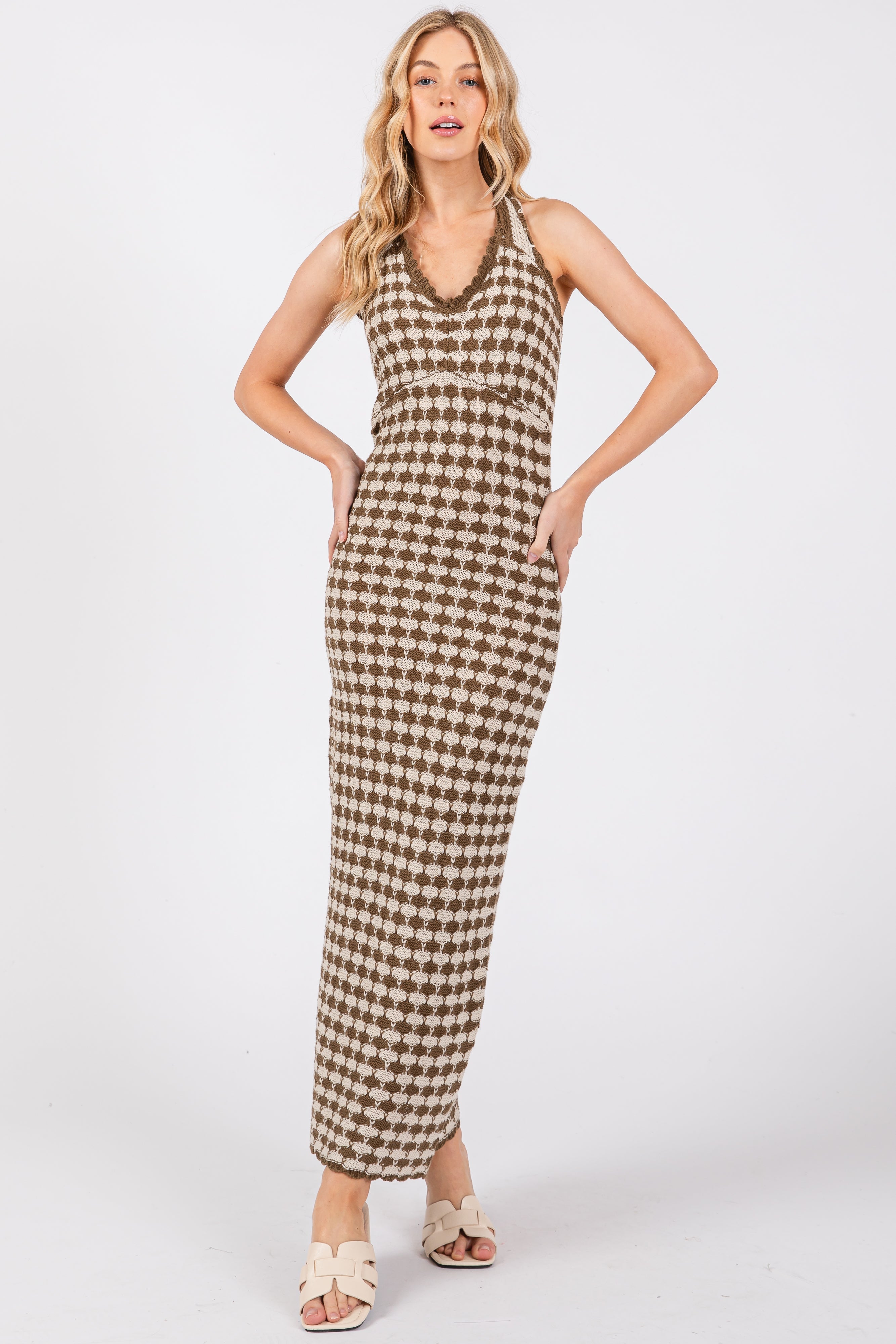 Olive Crochet Knit Ruffle Strap Maternity Midi Dress PinkBlush