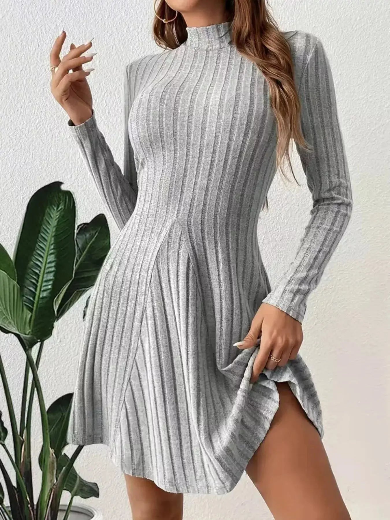 Ribbed Knit Mock Neck Long Sleeve Mini Dress Simply Love