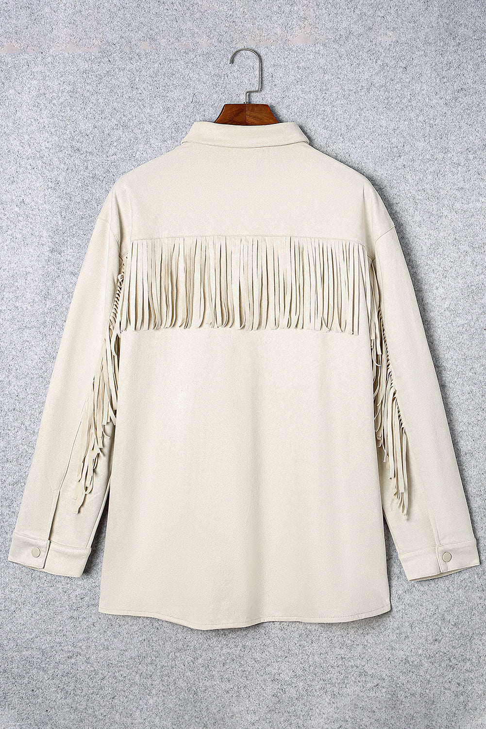 Chic plus size suede shacket with playful fringe detail