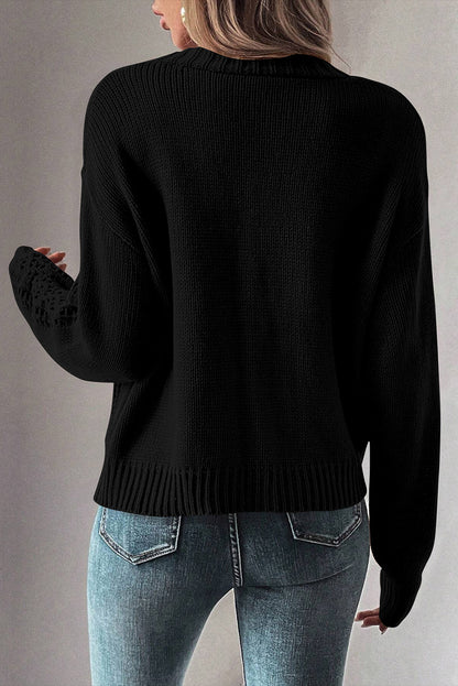 Chic Black Open Knit Drop Shoulder Cardigan Sweater