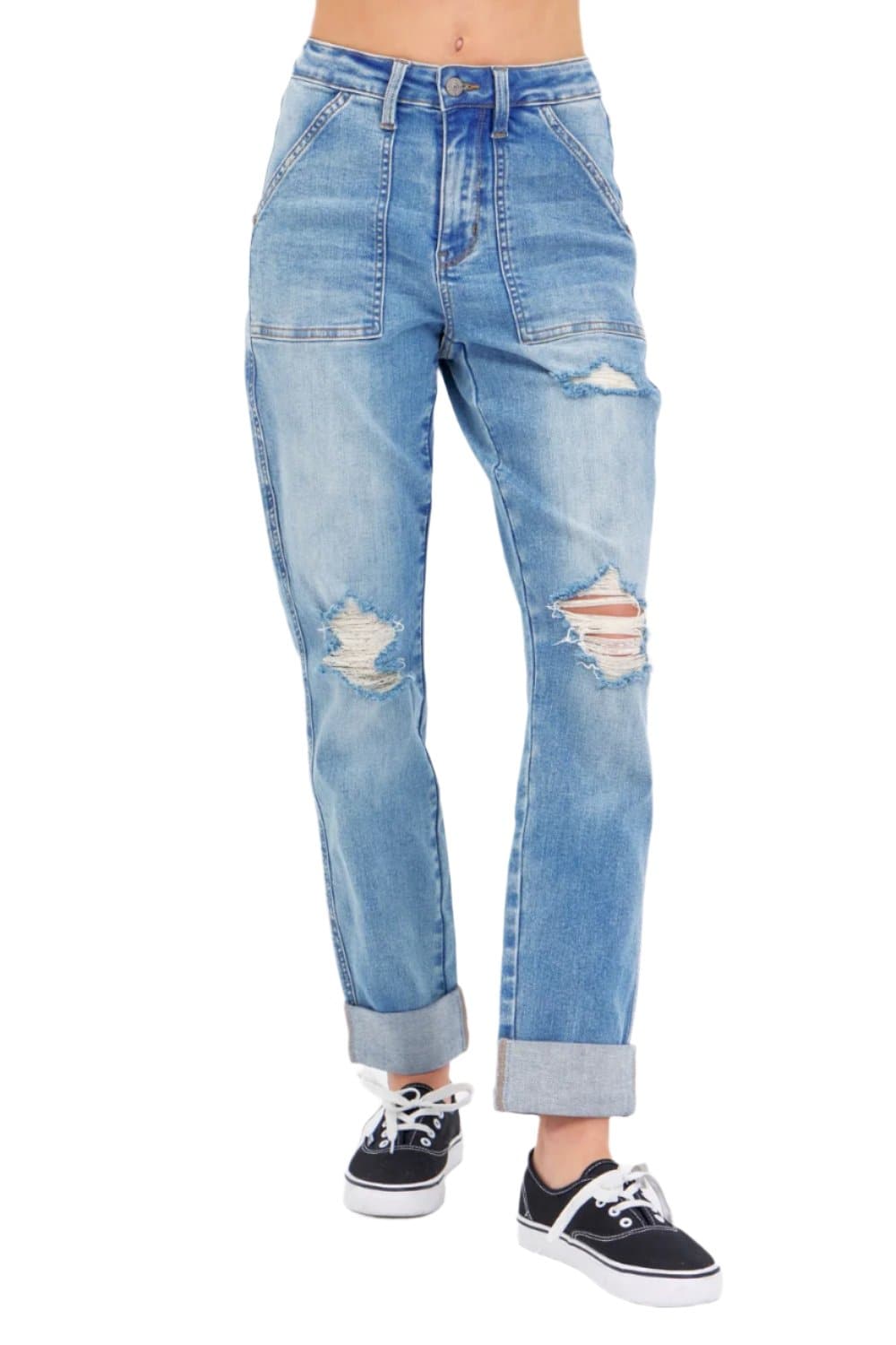 Judy Blue Full Size Distressed Straight Jeans with Patch Pockets.