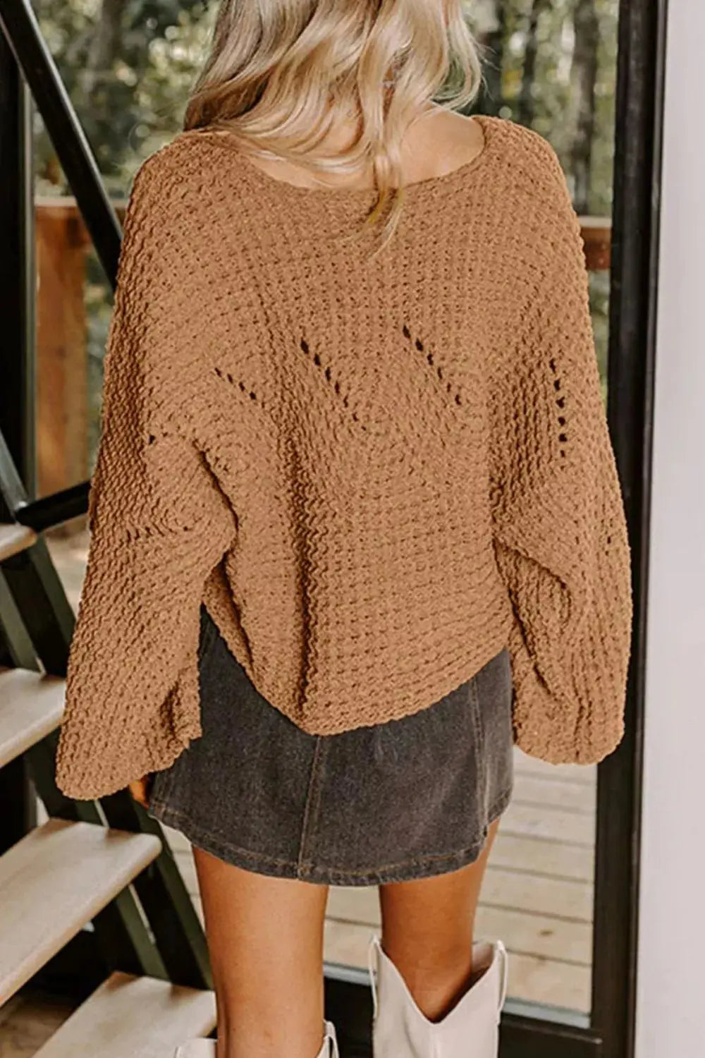 Hollowed Detail Wide Sleeve Loose Pullover Sweater Simply Love