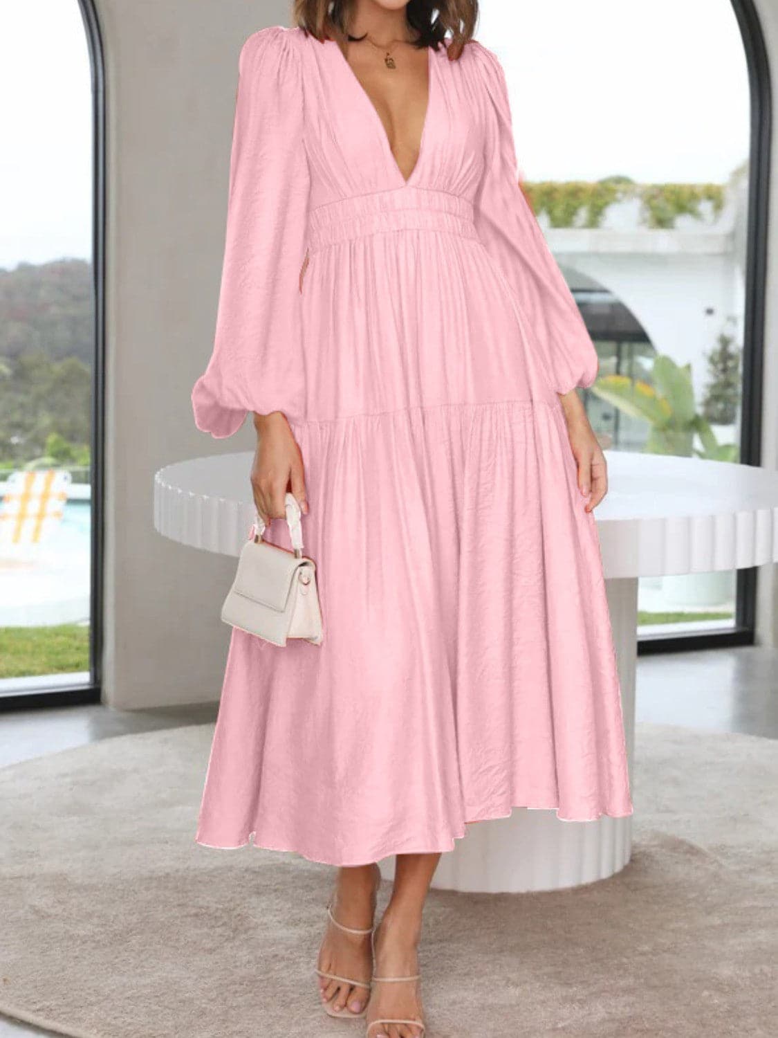 Deep V-Neck Balloon Sleeve Plain Maxi Dress.