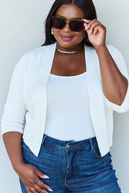 Doublju My Favorite Full Size 3/4 Sleeve Cropped Cardigan in Ivory.