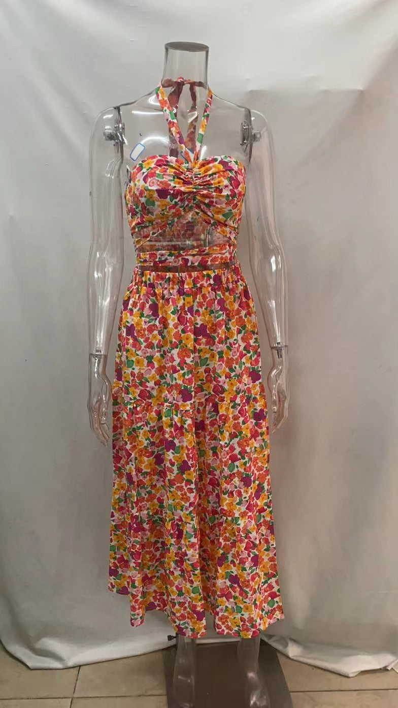 Spring Summer Sexy Halterneck Printed Tied Top Large Swing Dress for Women Floral Burst Bella Mia