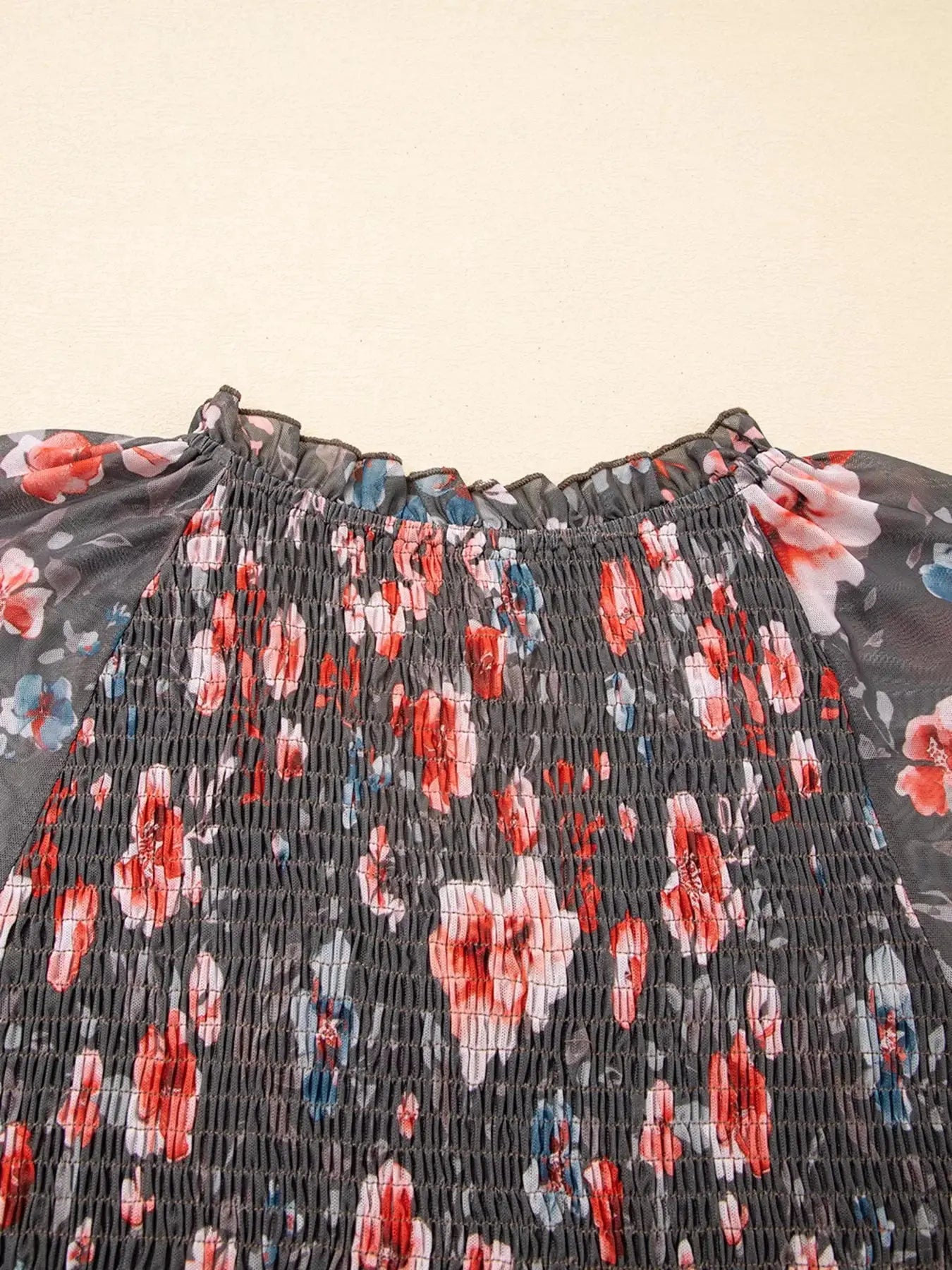 Frilly Smocked Bodice Floral Mesh Long Sleeve Mini Dress Simply Love