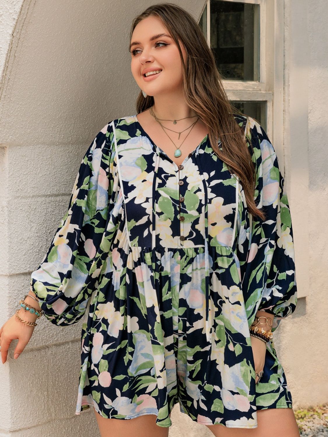 Plus Size Tied Printed Long Sleeve Romper.