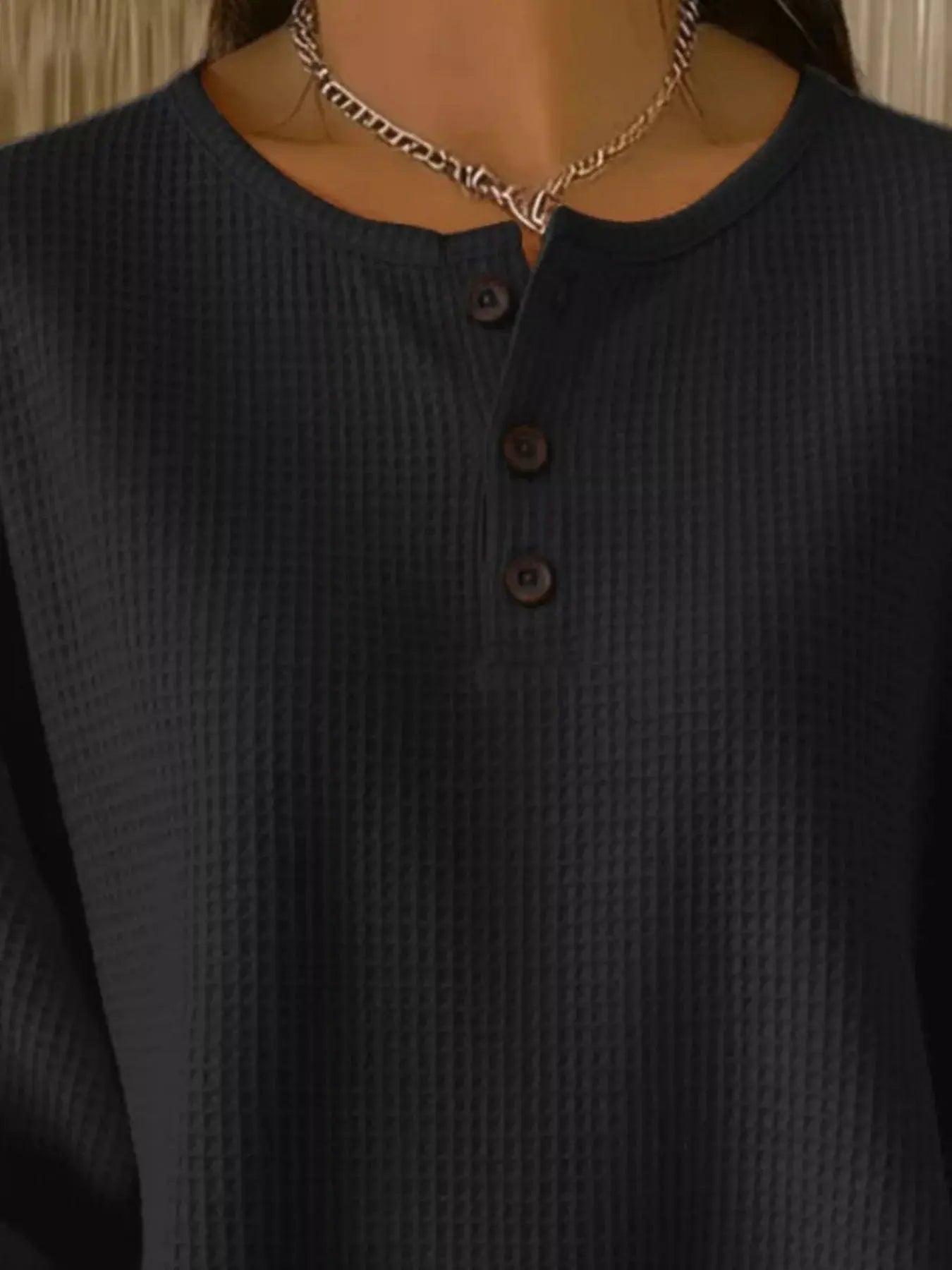 Full Size Casual Waffle Knit Button Detail Pullover Plus Size Simply Love