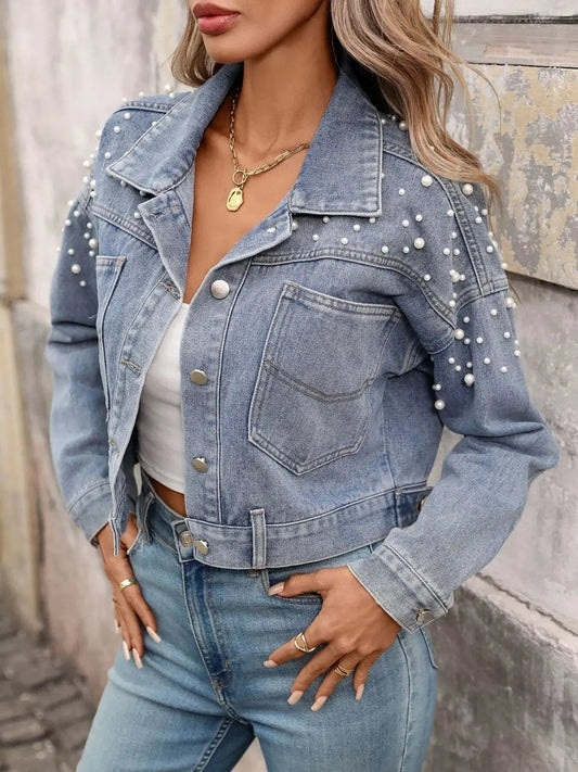 Pearl Embellished Cropped Denim Jacket Simply Love