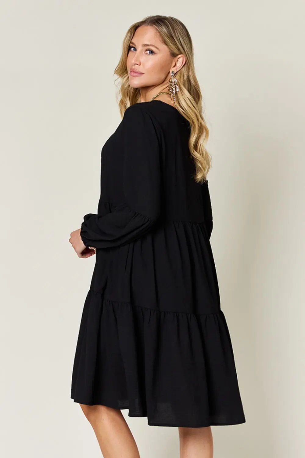 Double Take Full Size V-Neck Balloon Sleeve Tiered Dress - Love Salve