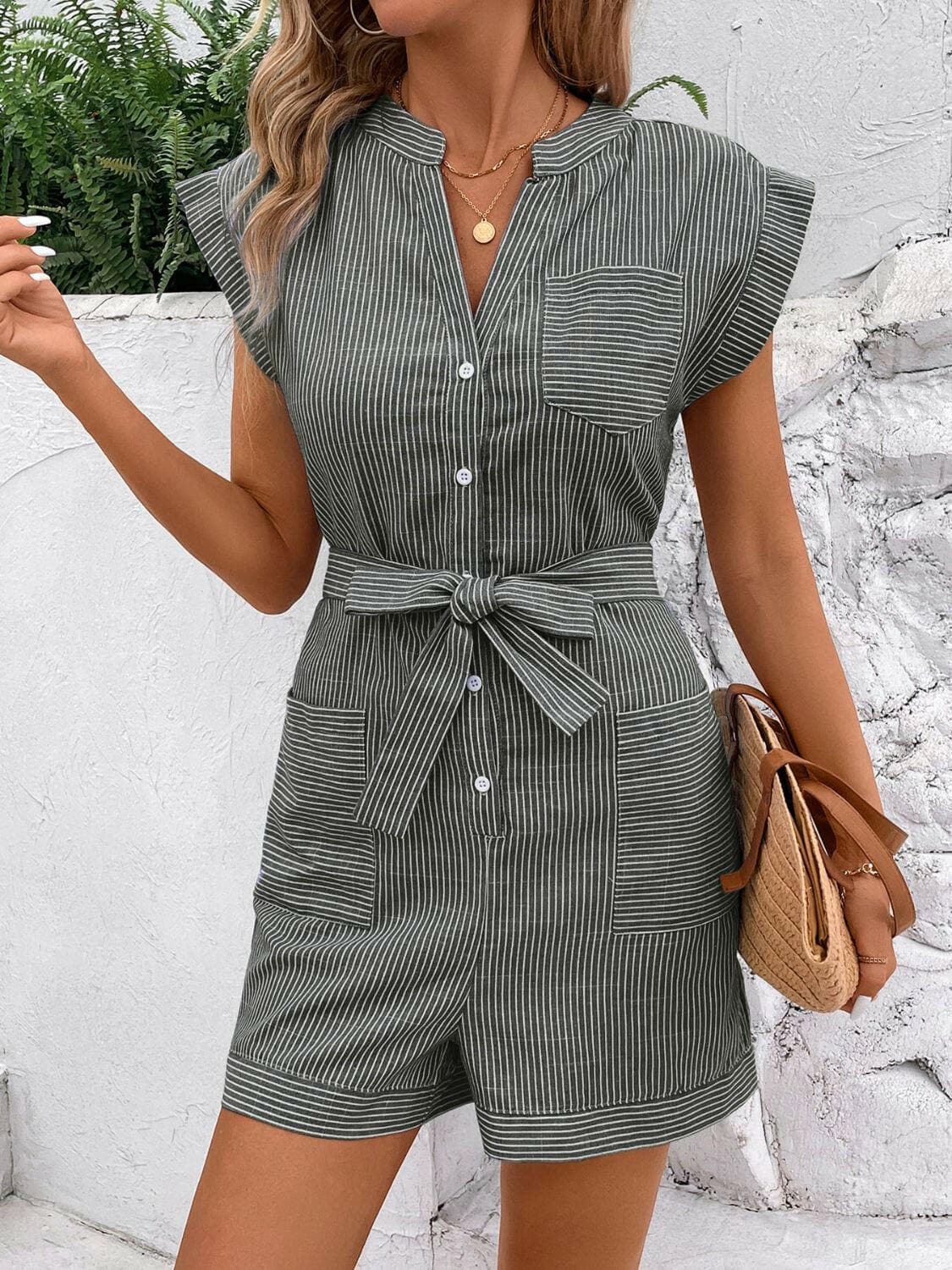 Striped Notched Tie Waist Romper.