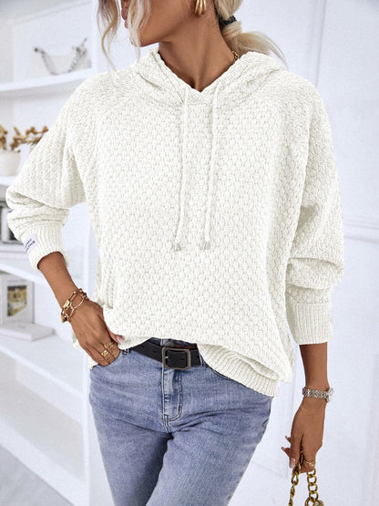 Texture Drawstring Long Sleeve Hooded Sweater.