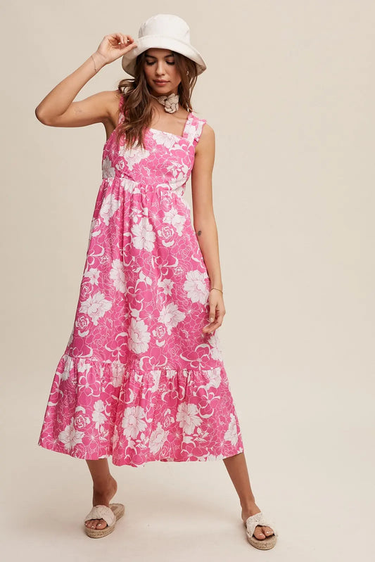 Fuchsia Floral Tiered Sleeveless Midi Dress PinkBlush