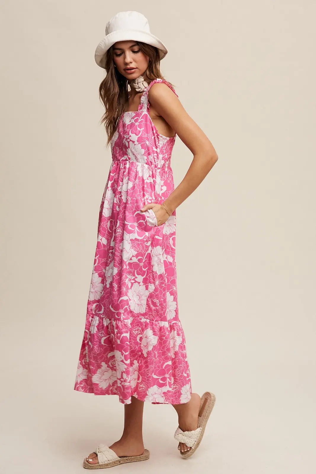 Fuchsia Floral Tiered Sleeveless Midi Dress PinkBlush