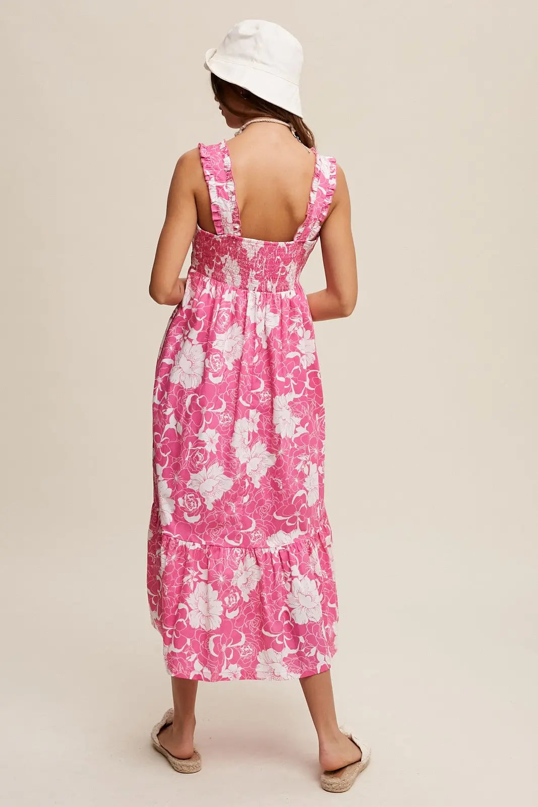 Fuchsia Floral Tiered Sleeveless Midi Dress PinkBlush
