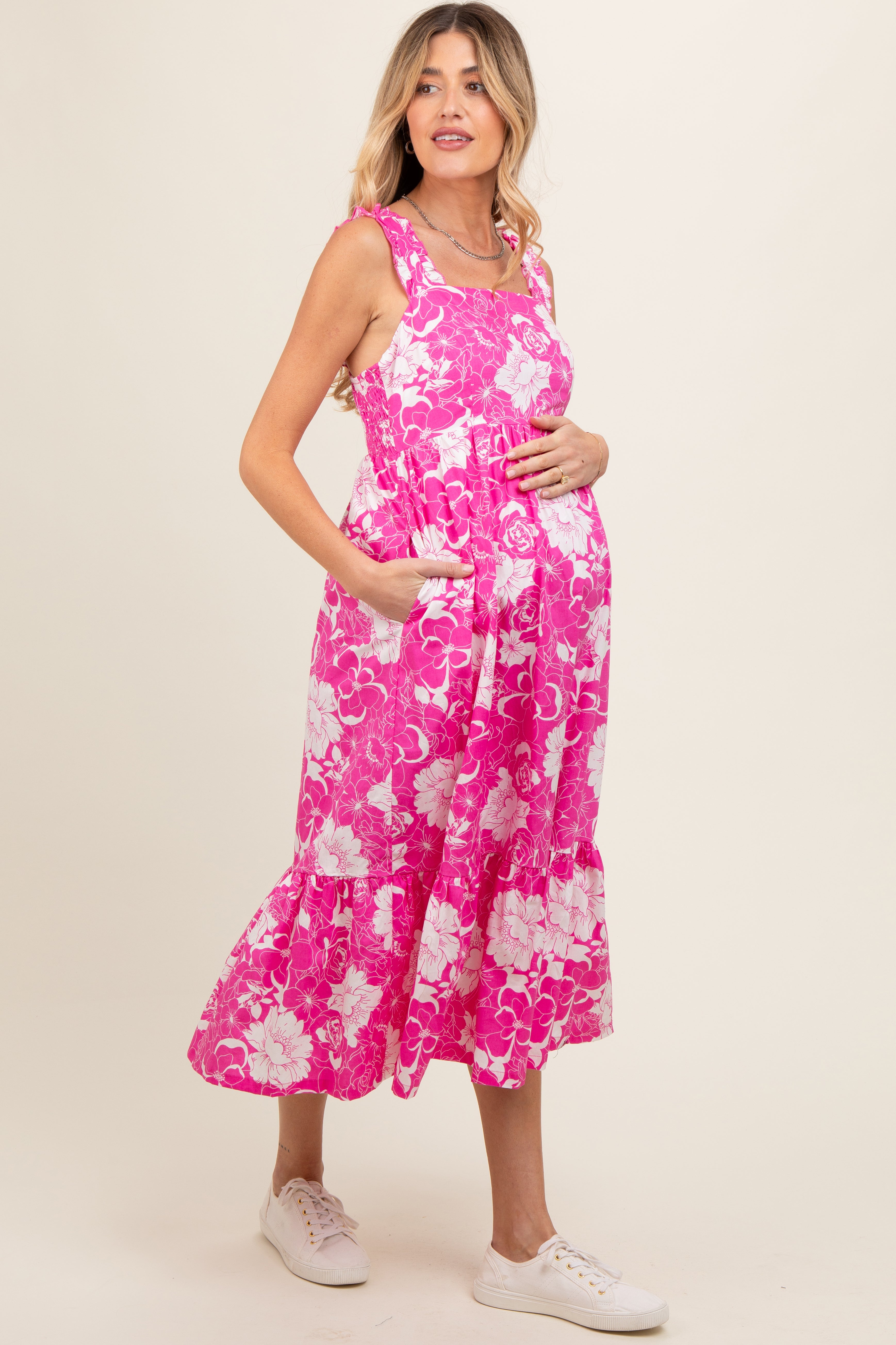 Fuchsia Floral Tiered Sleeveless Maternity Midi Dress PinkBlush