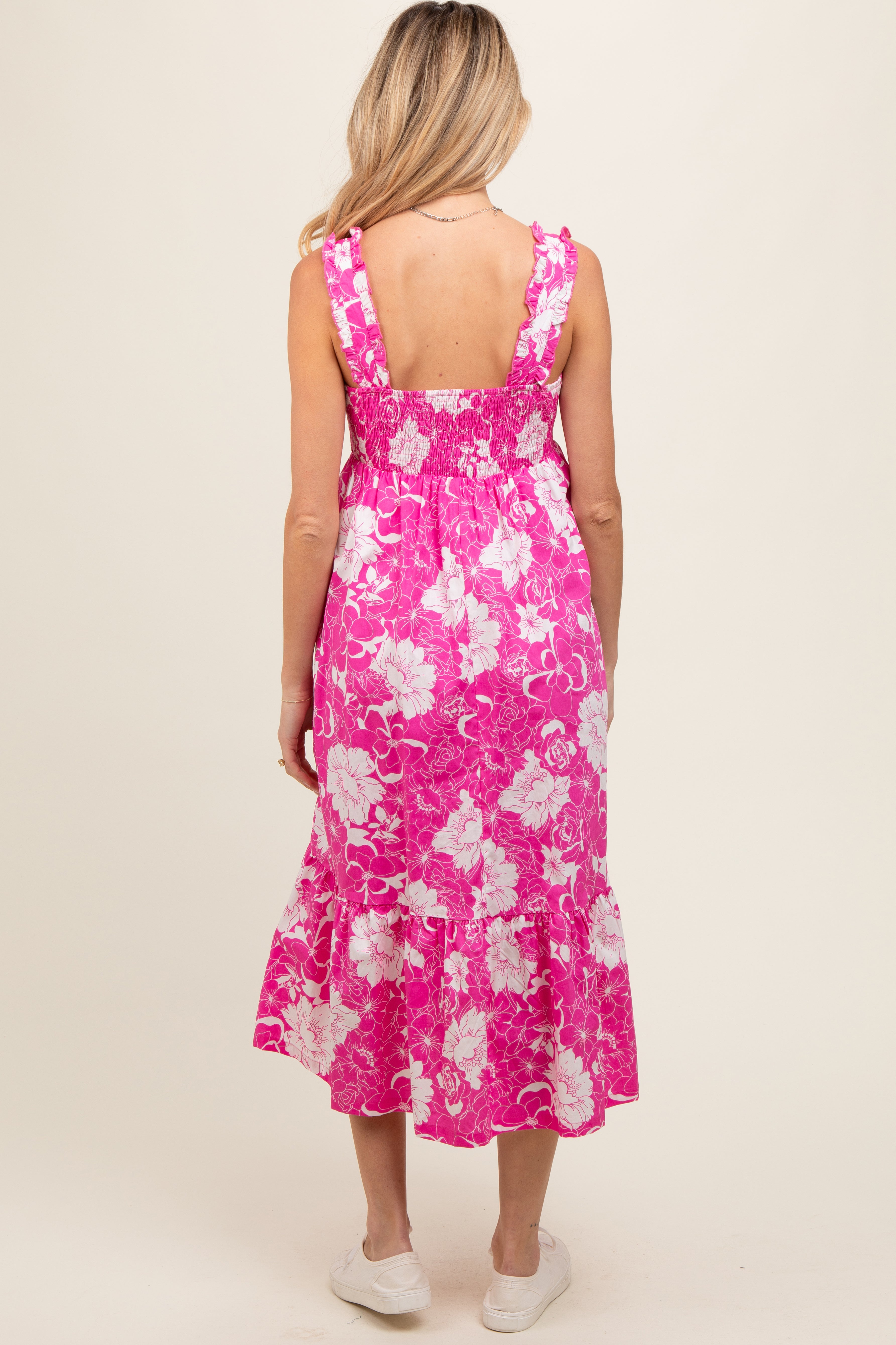 Fuchsia Floral Tiered Sleeveless Maternity Midi Dress PinkBlush
