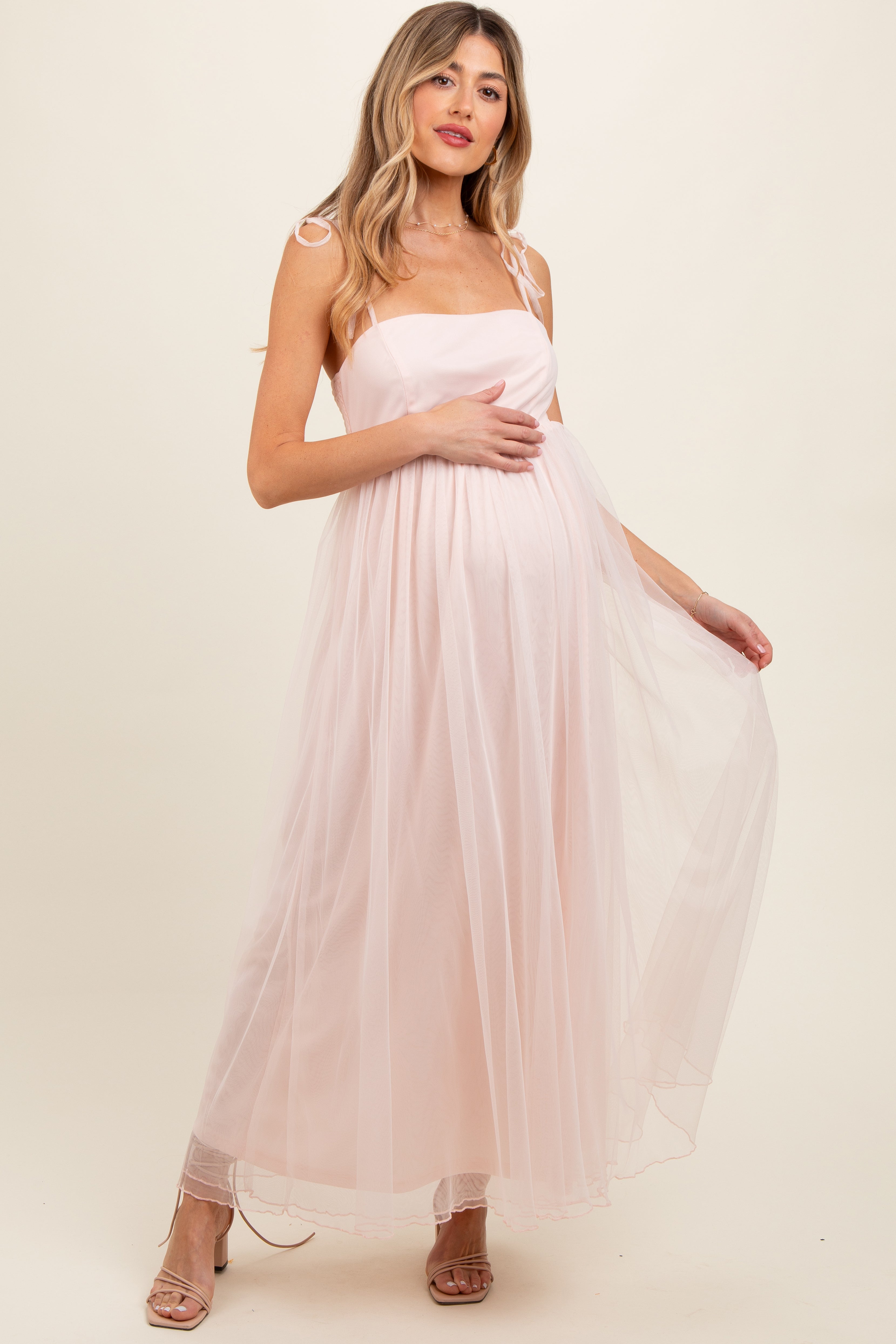 PinkBlush Light Pink Square Neck Shoulder Tie Tulle Maternity Maxi Dress - Main Product Image