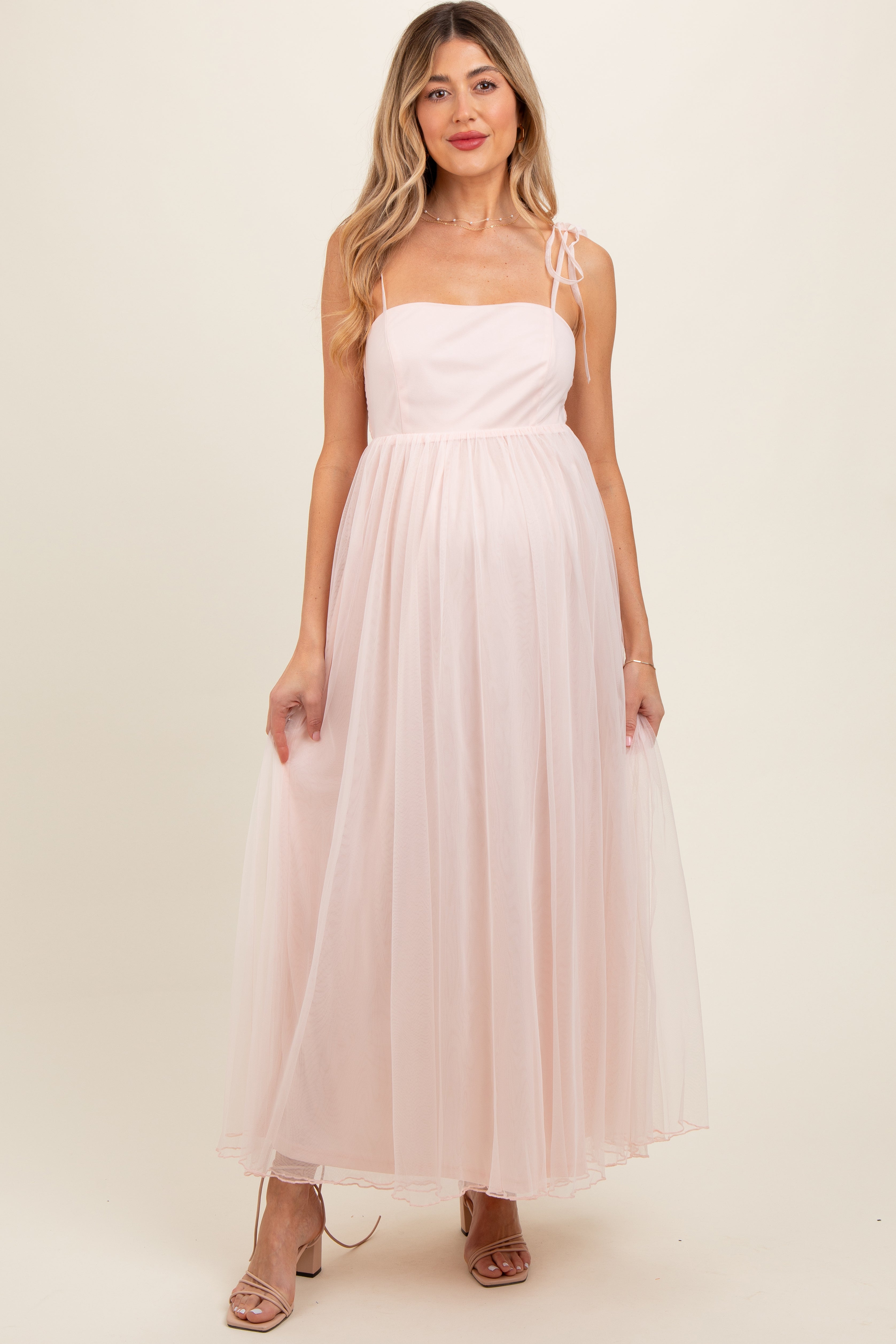 PinkBlush Light Pink Square Neck Shoulder Tie Tulle Maternity Maxi Dress - Alternate Angle