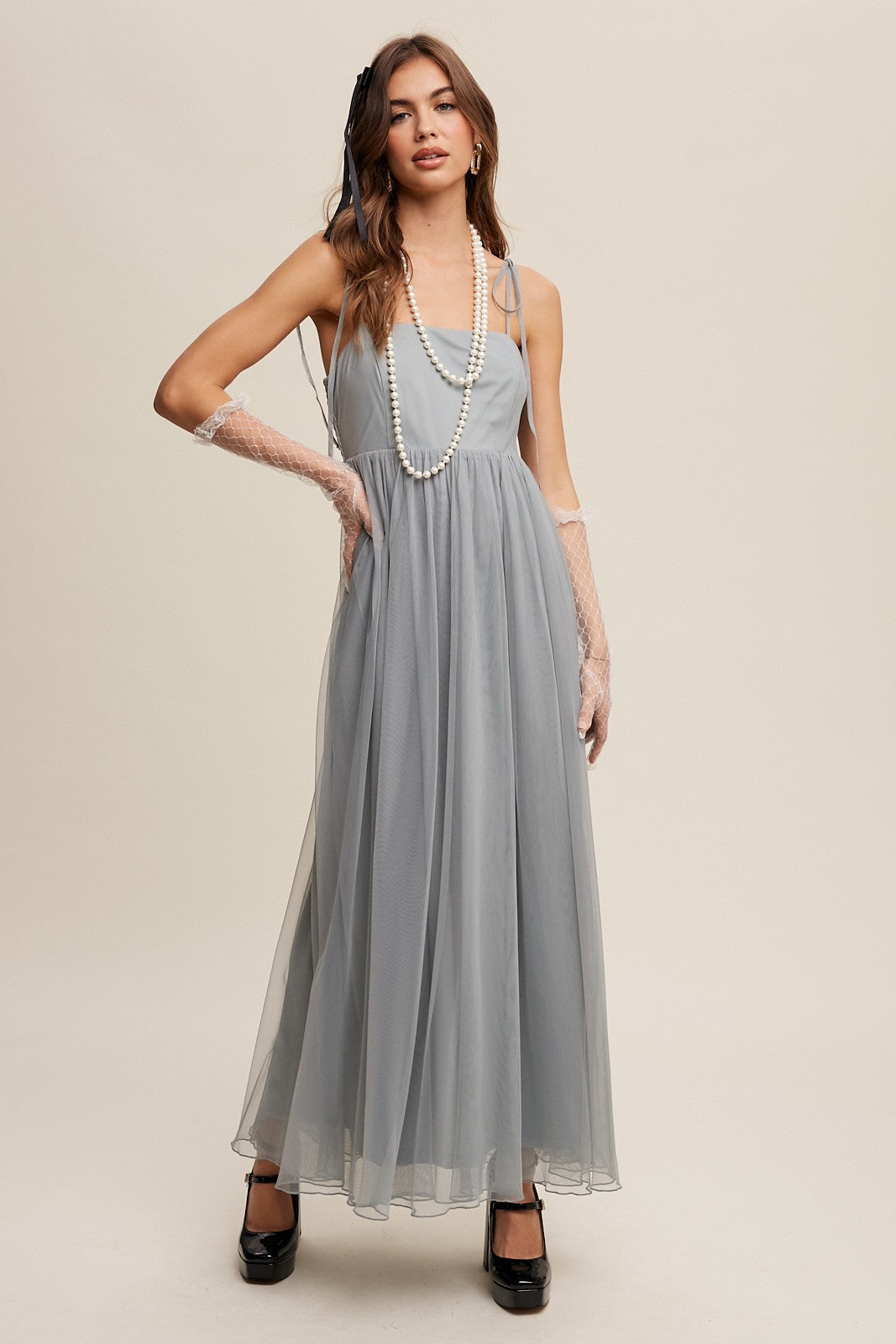 Green Square Neck Shoulder Tie Tulle Maxi Dress PinkBlush