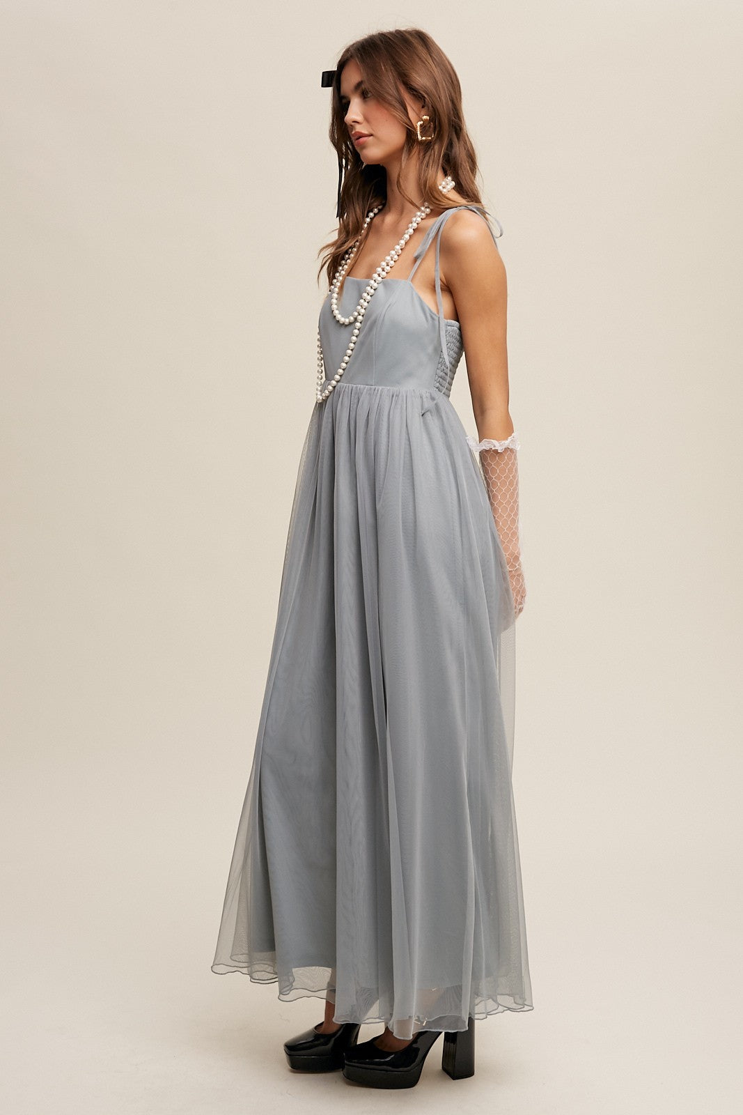 Green Square Neck Shoulder Tie Tulle Maxi Dress PinkBlush