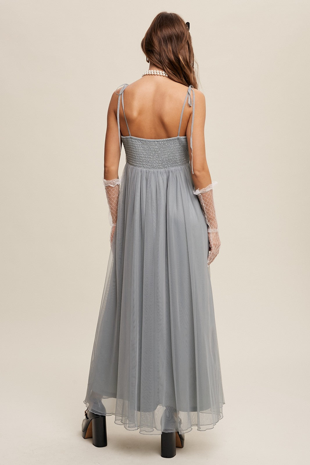 Green Square Neck Shoulder Tie Tulle Maxi Dress PinkBlush