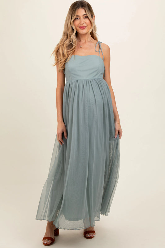 Green Square Neck Shoulder Tie Tulle Maternity Maxi Dress PinkBlush