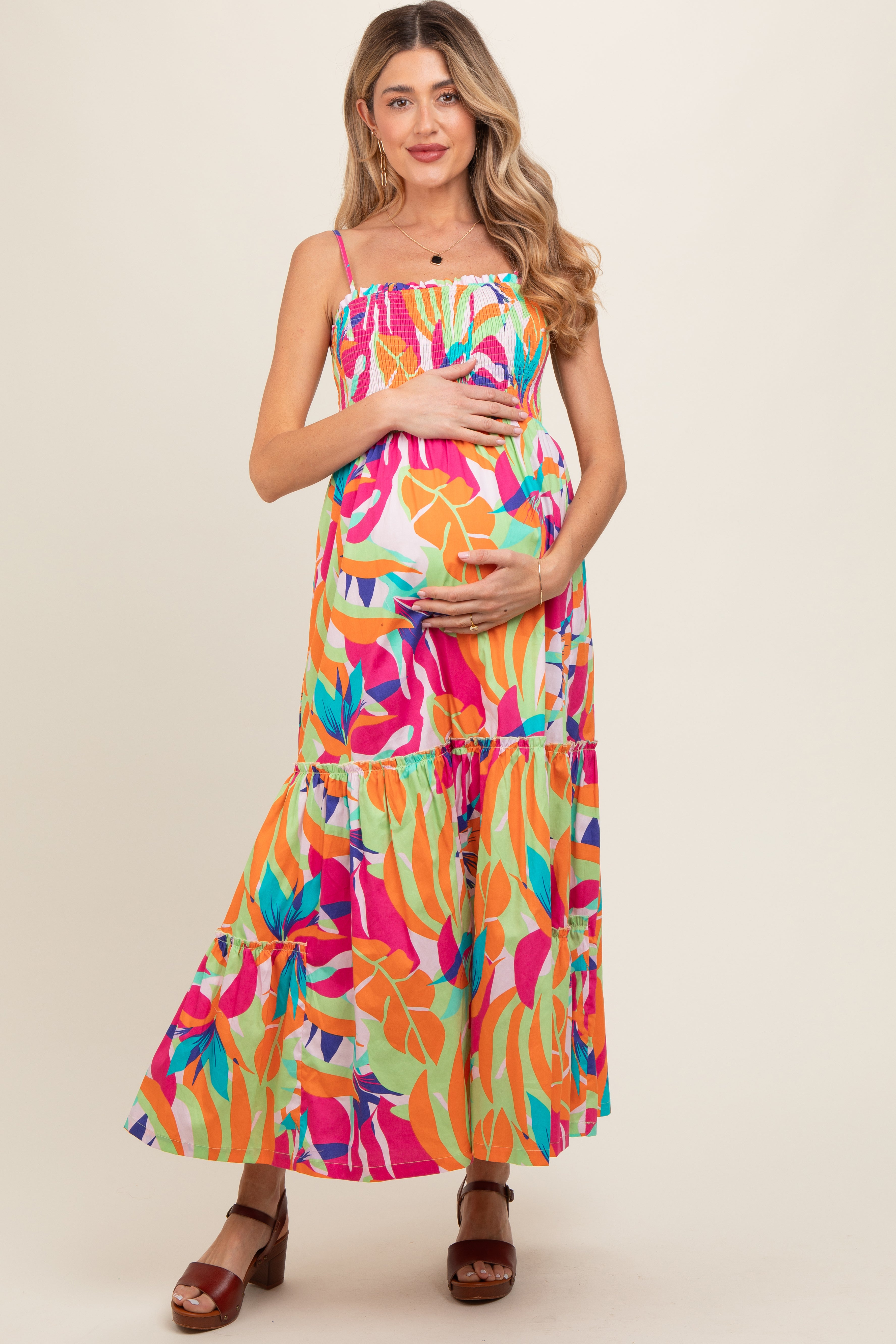 Green Printed Smocked Bodice Tiered Maternity Maxi Dress PinkBlush
