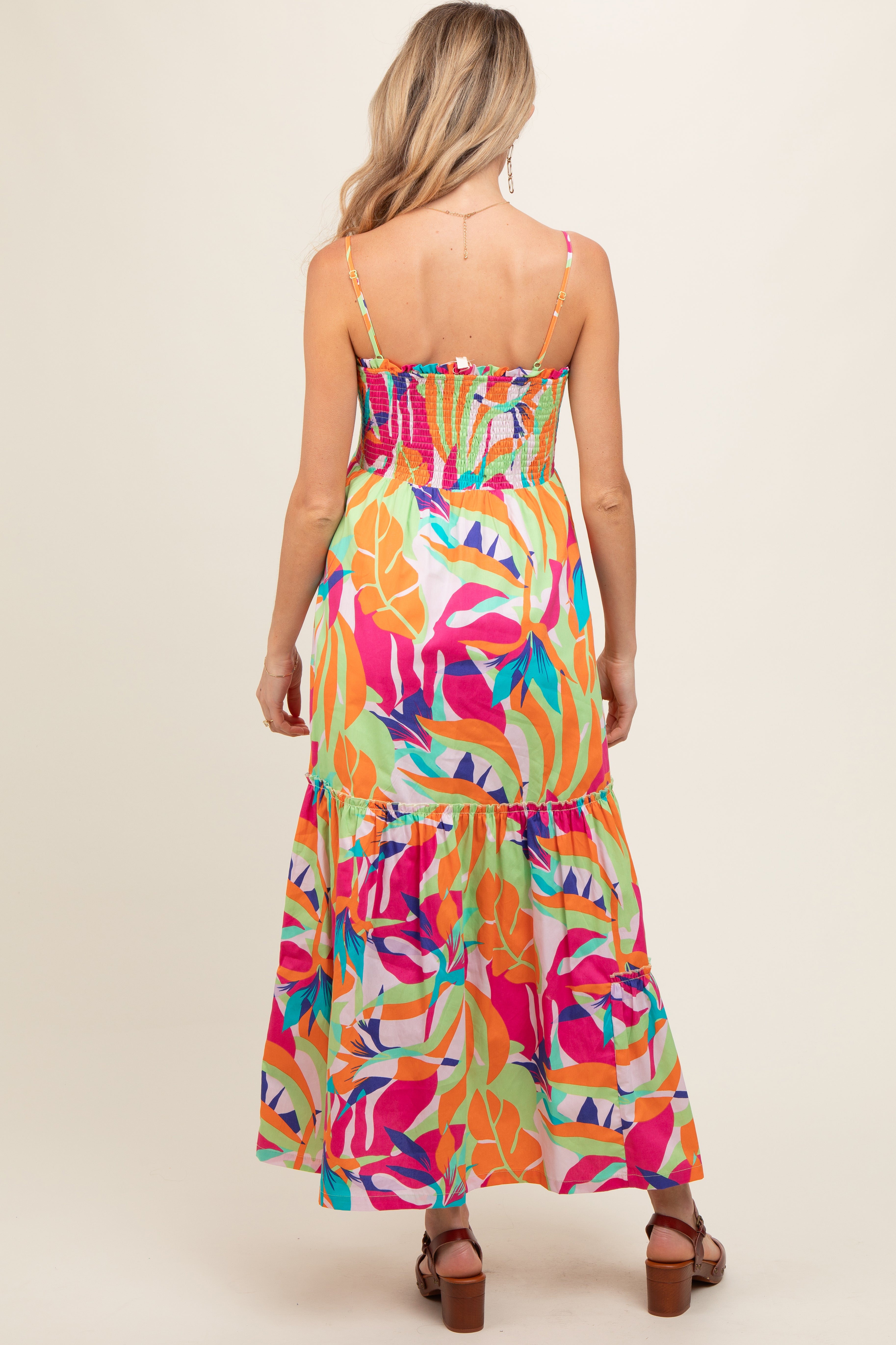 Green Printed Smocked Bodice Tiered Maternity Maxi Dress PinkBlush