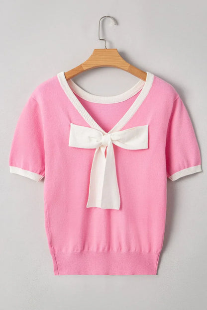Bow Back Round Neck Short Sleeve Knit Top