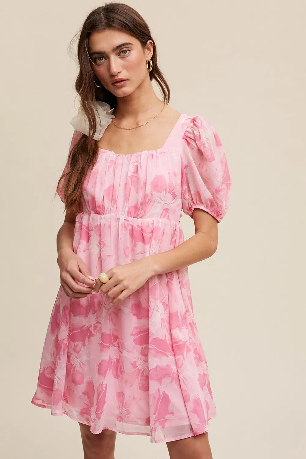 Pink Floral Puff Sleeve Mini Dress PinkBlush