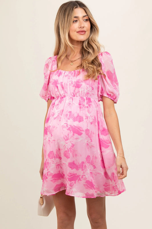 Pink Floral Puff Sleeve Maternity Mini Dress PinkBlush