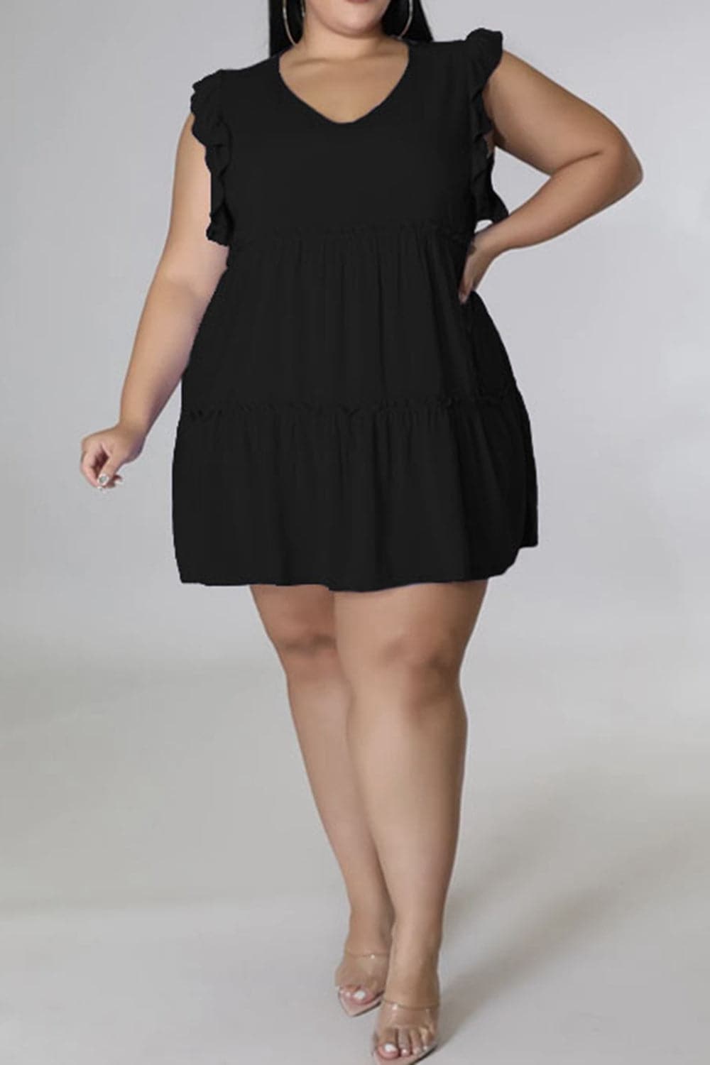 Plus Size V-Neck Frill Trim Mini Dress.