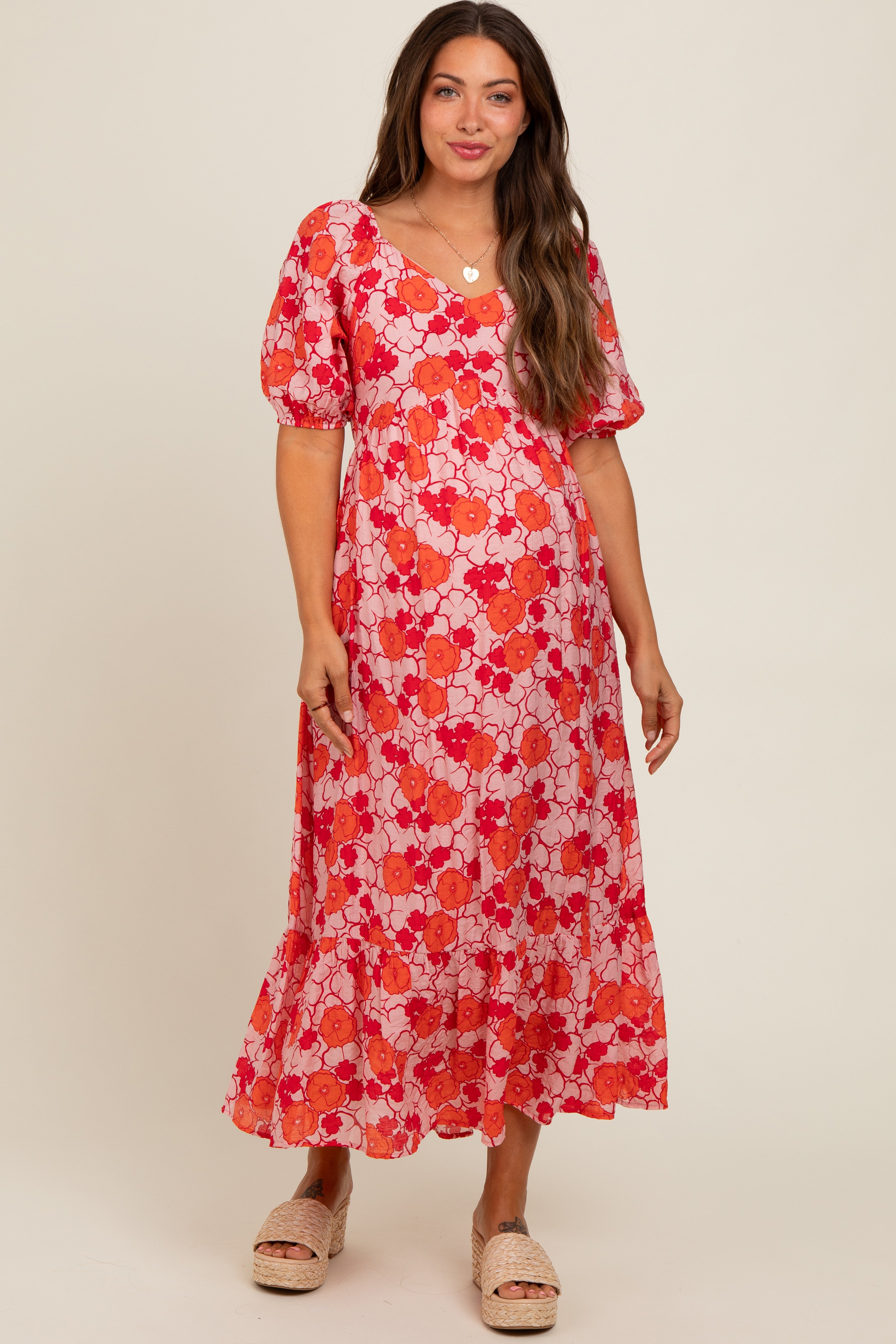 Pink Floral Maternity Midi Dress PinkBlush
