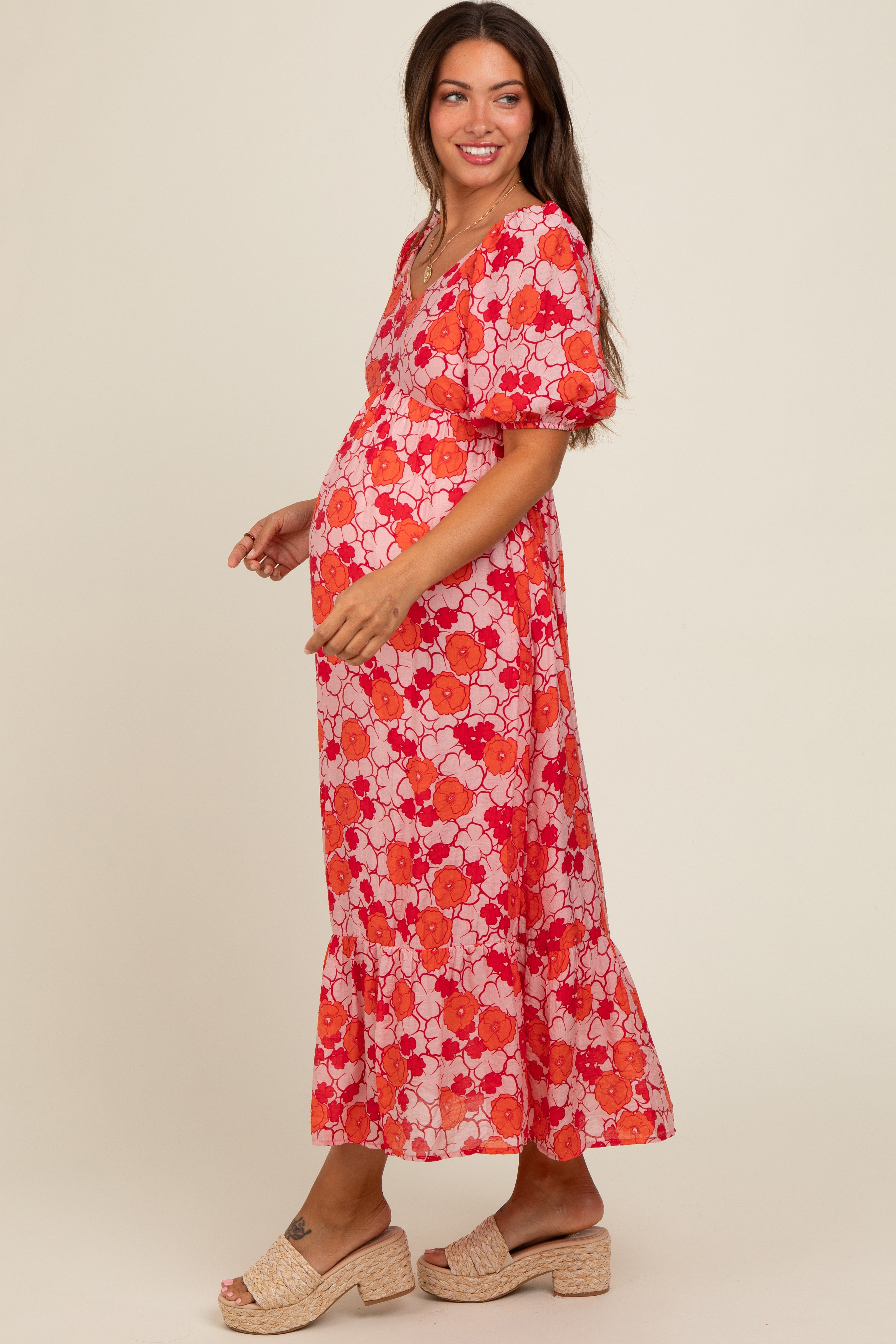 Pink Floral Maternity Midi Dress PinkBlush