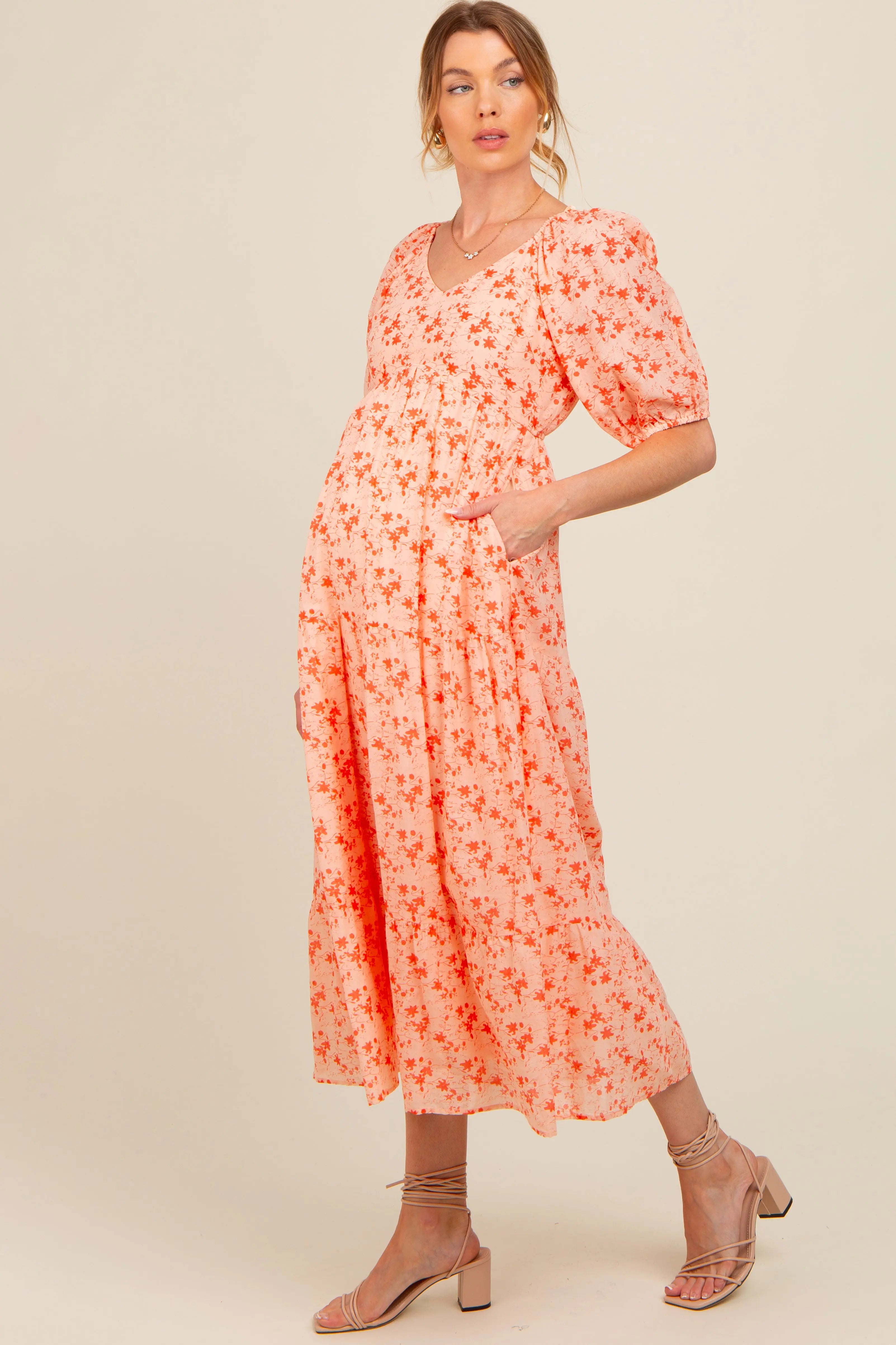 Red Floral V-Neck Tiered Maternity Midi Dress PinkBlush