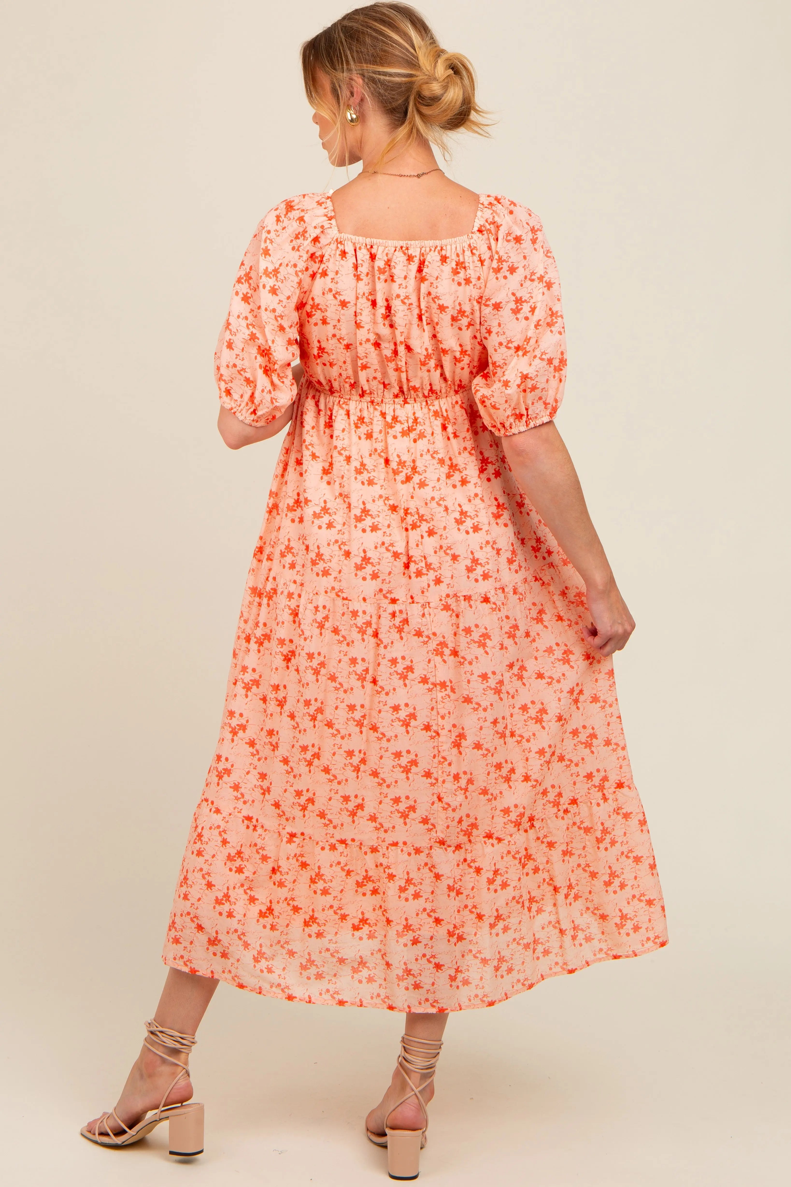 Red Floral V-Neck Tiered Maternity Midi Dress PinkBlush