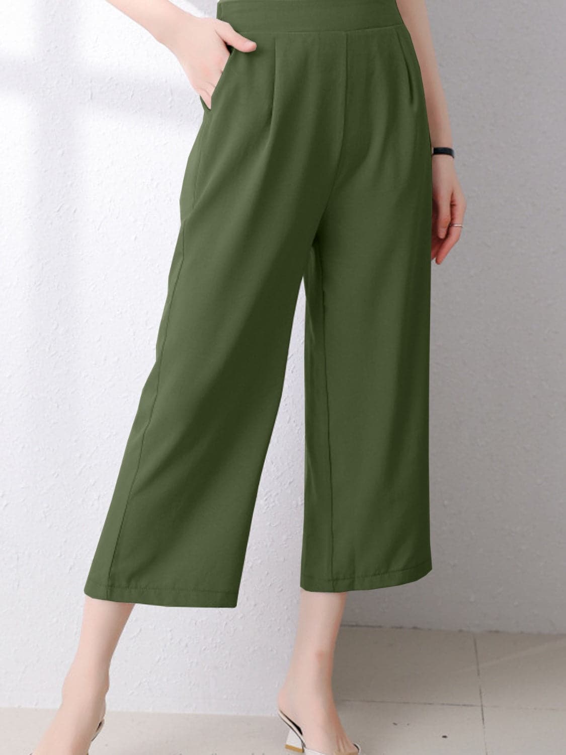 Full Size Pocketed Half Elastic Waist Pants.