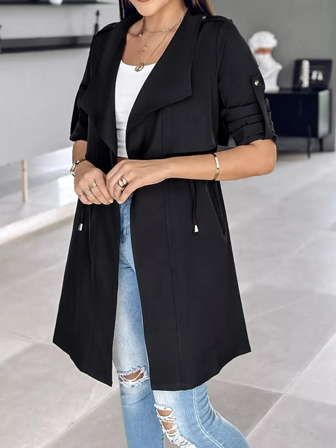 Beige Drape Collar Lightweight Trench Coat With Pockets And Drawstring Simply Love