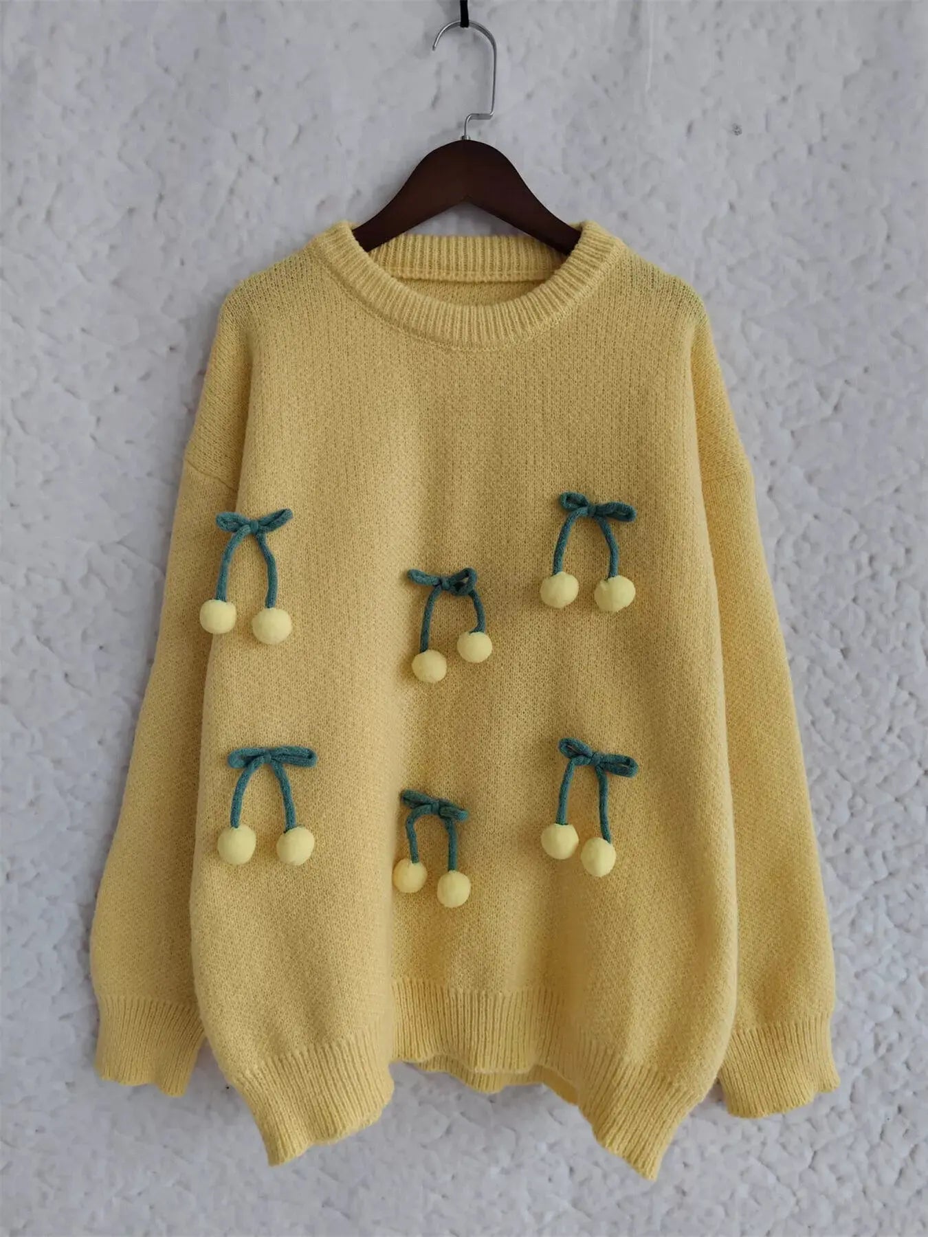 Cherry Pom-Pom Knit Round Neck Sweater Simply Love