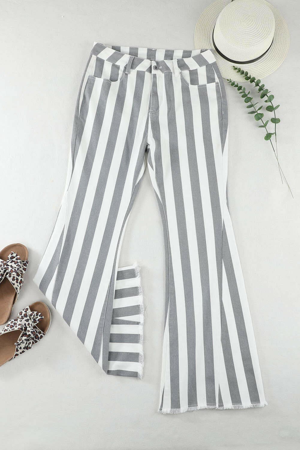 Star Applique Striped Jeans with Raw Hem & Distressed Details.