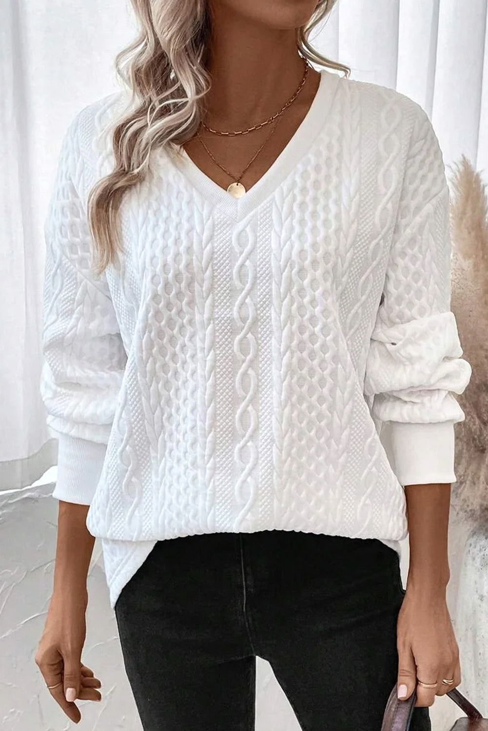 White Solid Color Textured Knit Top With V Neck And Drop Shoulder For Casual Everyday Wear Dear-Lover Dropshipping