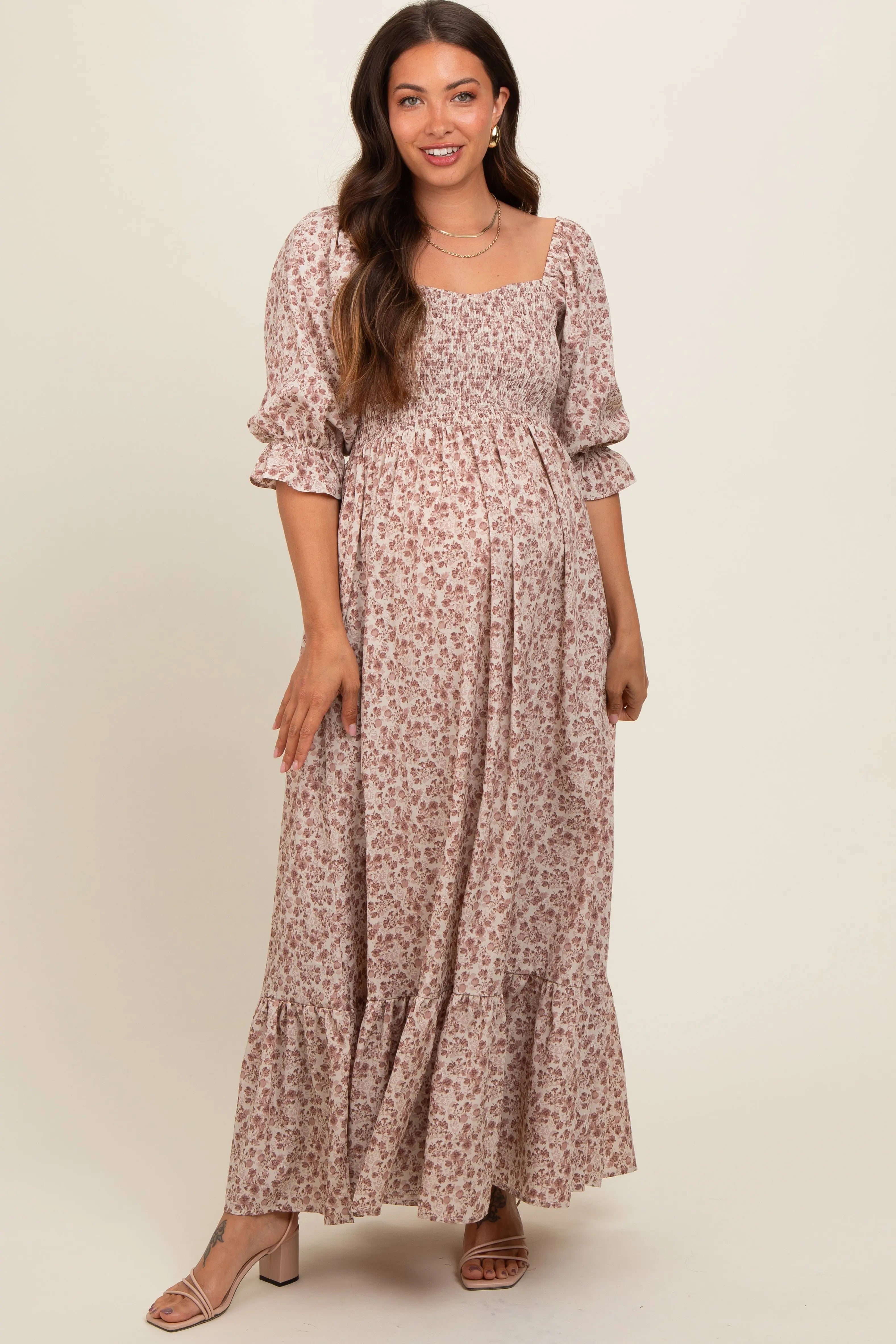 Cream Sweetheart Neck Smocked Ruffle Hem Maternity Maxi Dress PinkBlush